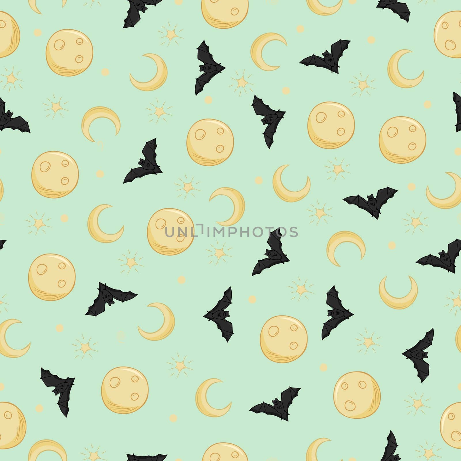 A seamless pattern to celebrate Halloween with a full moon, crescent moon, bat and stars on a green background