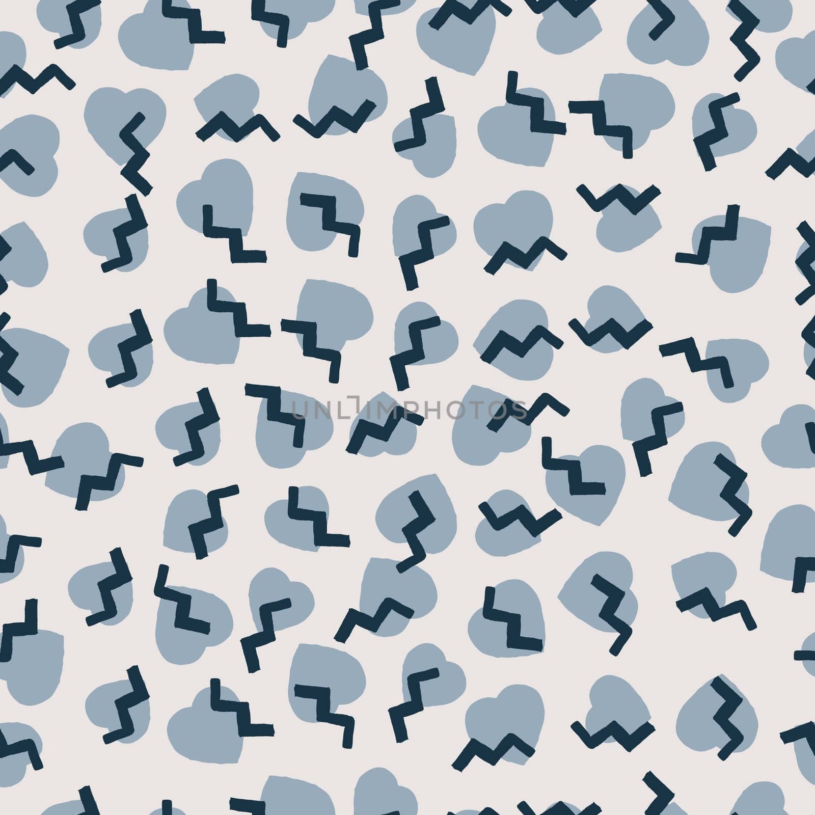 Vector multicolor seamless pattern from blue hearts and blots. Free form abstract spots