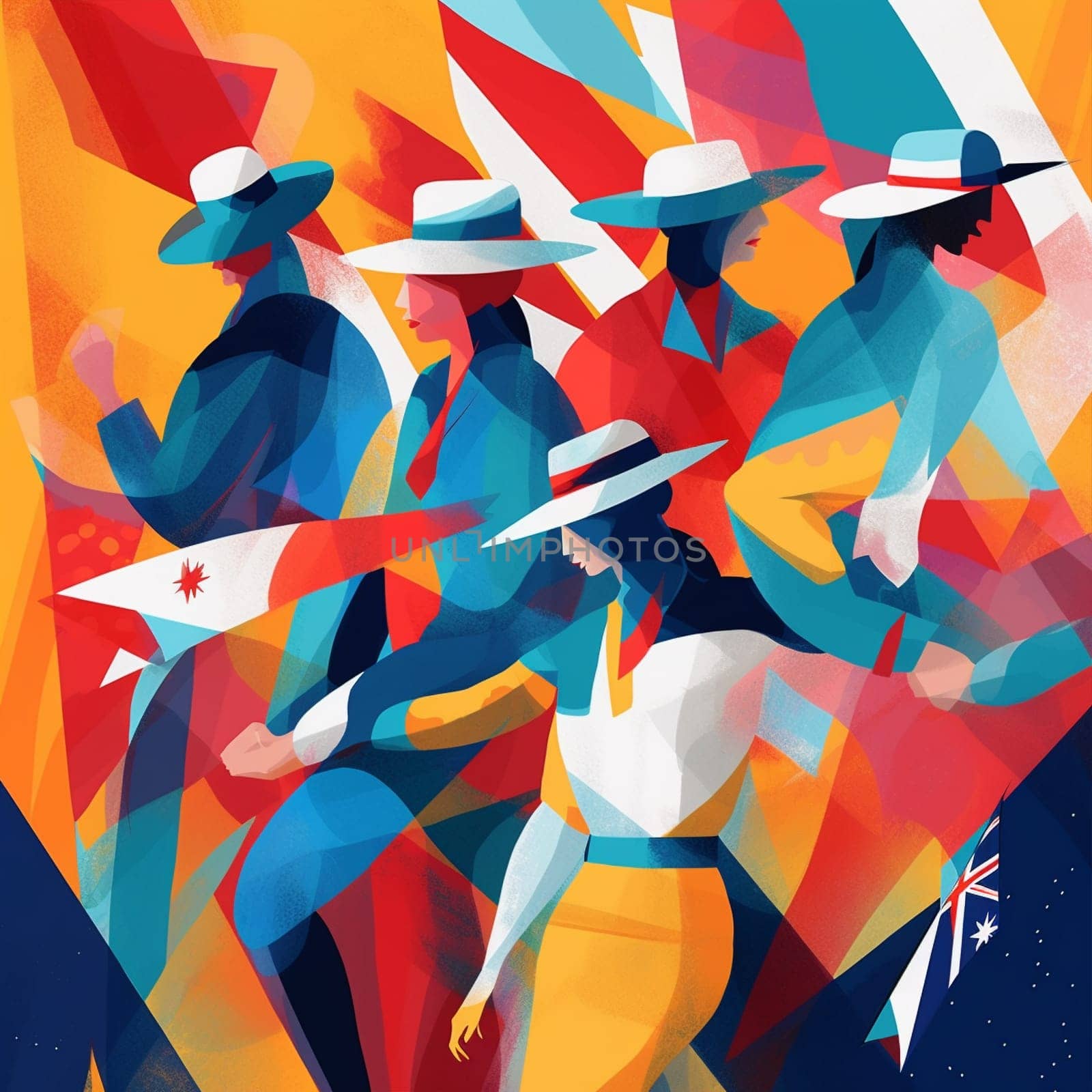 Experience the vibrancy and diversity of Australian culture with this image of people celebrating National Day! The color palette incorporates the colors of the Australian flag, including blue, red, and white, while the dynamic and lively composition style captures the energy and excitement of the festivities.