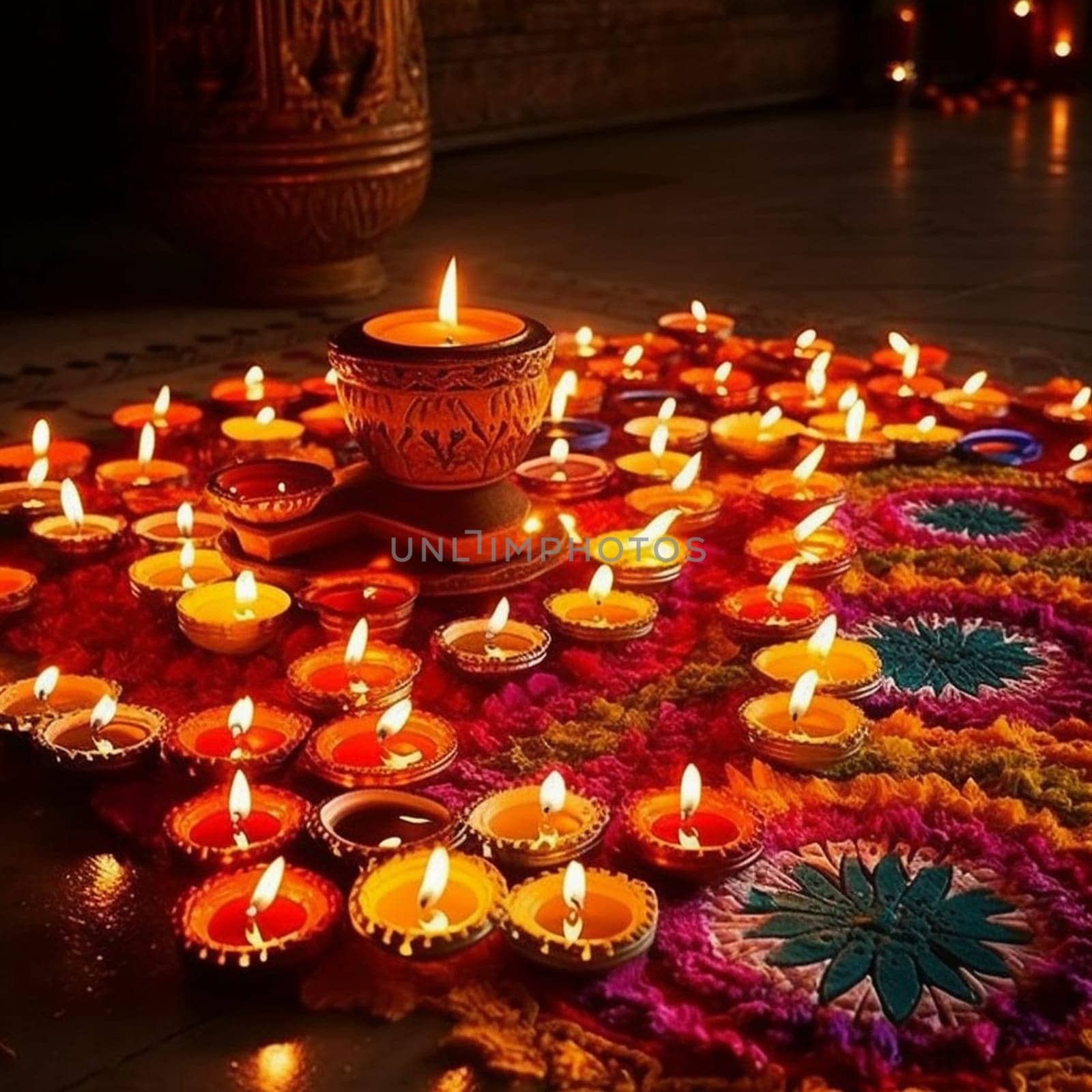This image captures the vibrancy and joy of Diwali, the Hindu festival of lights. The image features elements such as diyas, rangoli, and sweets to convey the holiday's spiritual and festive nature. The color palette includes bright oranges, yellows, and pinks to evoke the vibrancy and joy of the festival. The image also incorporates symbols of prosperity and happiness, such as people lighting diyas and creating rangoli designs. This image is a celebration of the triumph of light over darkness, good over evil, and knowledge over ignorance.