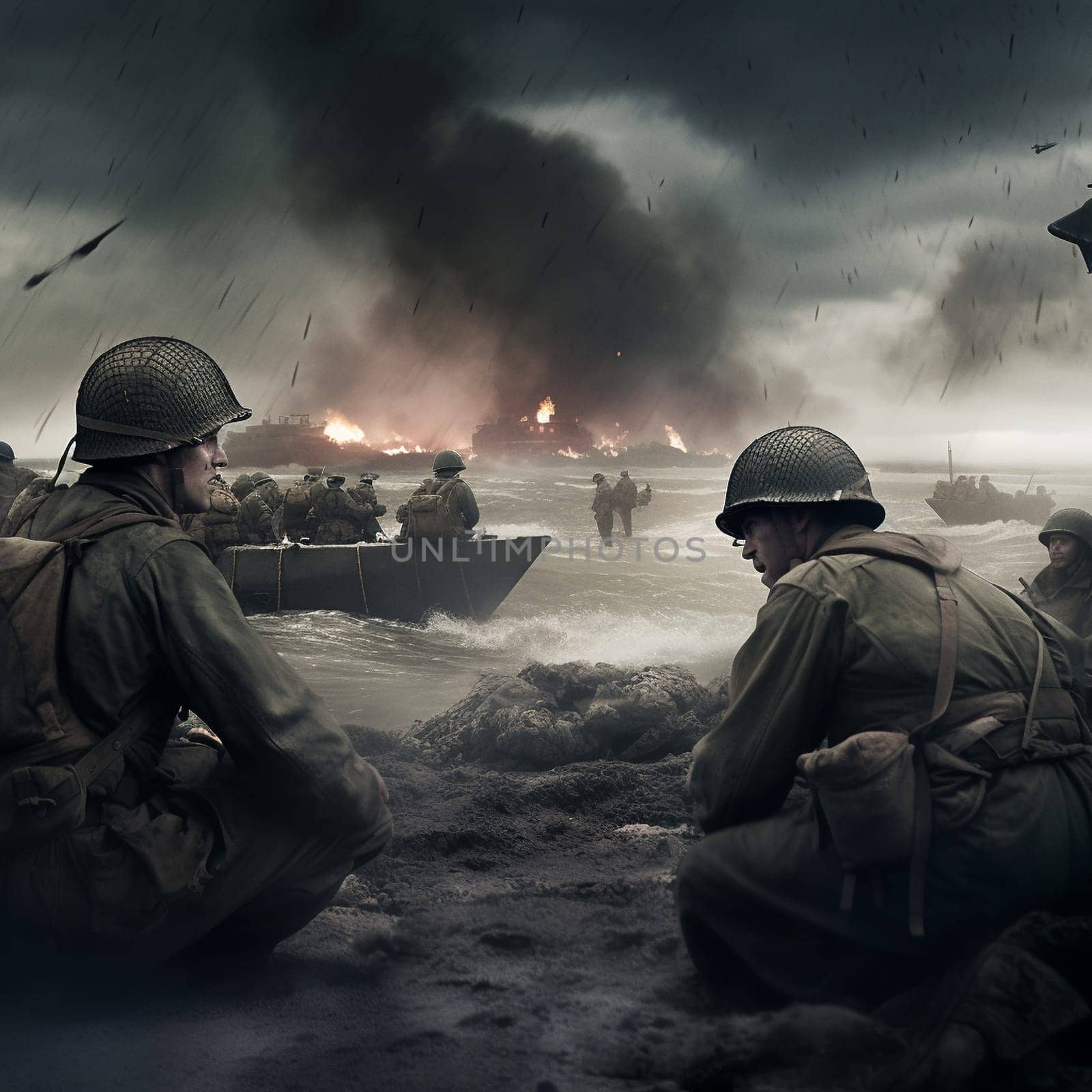 Experience the courage and sacrifice of the soldiers who stormed the beaches of Normandy on June 6, with this powerful image that honors the bravery of the Allied forces. The composition captures the chaos and intensity of the battlefield, with soldiers in the midst of combat, planes overhead, and ships on the horizon. The style is realistic with muted colors to convey the gravity of the situation. It's a tribute to the soldiers who fought for freedom and democracy, and a reminder of the importance of their sacrifice.