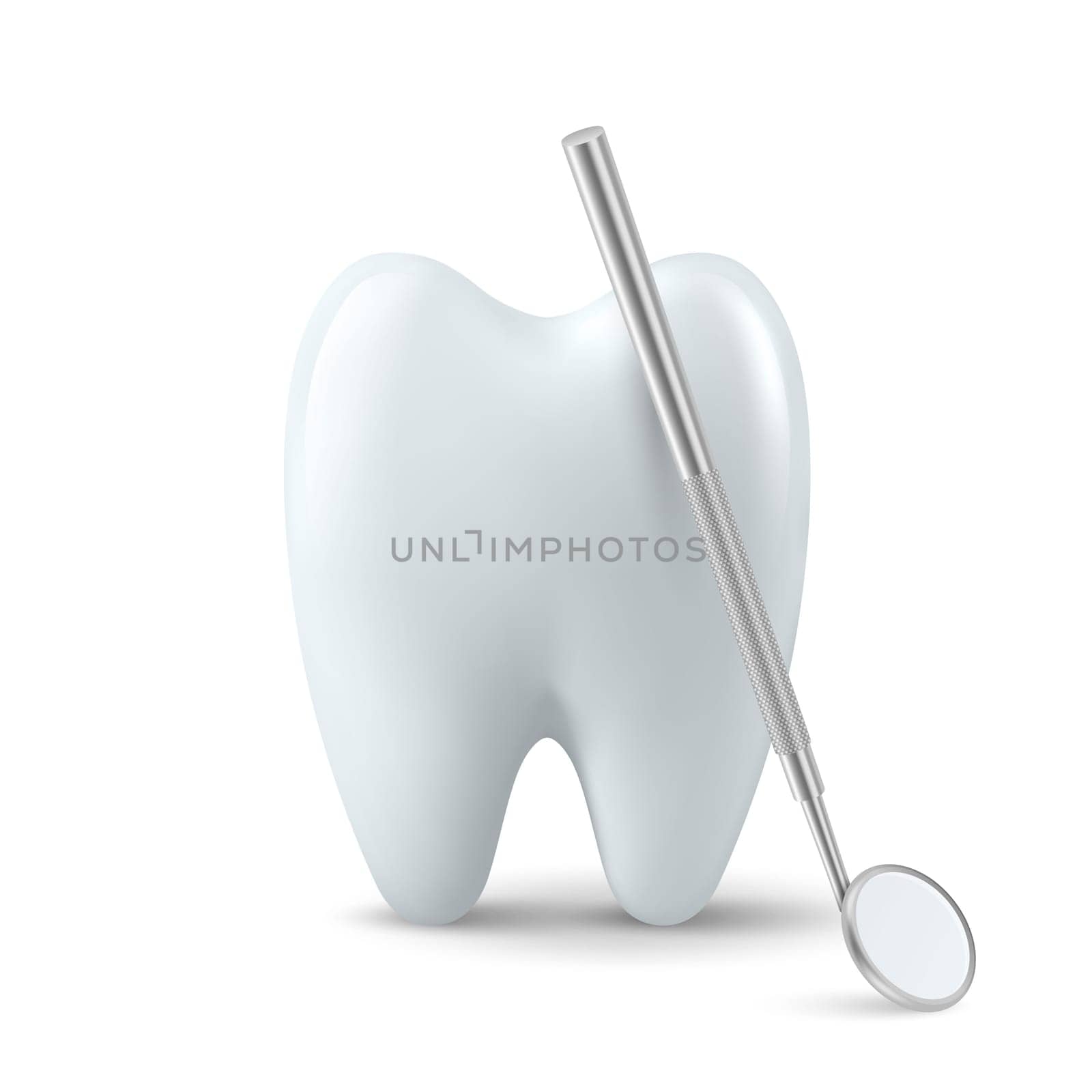 Vector 3d Realistic Dental Inspection Mirror for Teeth with Tooth Icon Closeup Isolated on White Background. Medical Dentist Tool. Design Template, Clipart. Dental Health Concept.