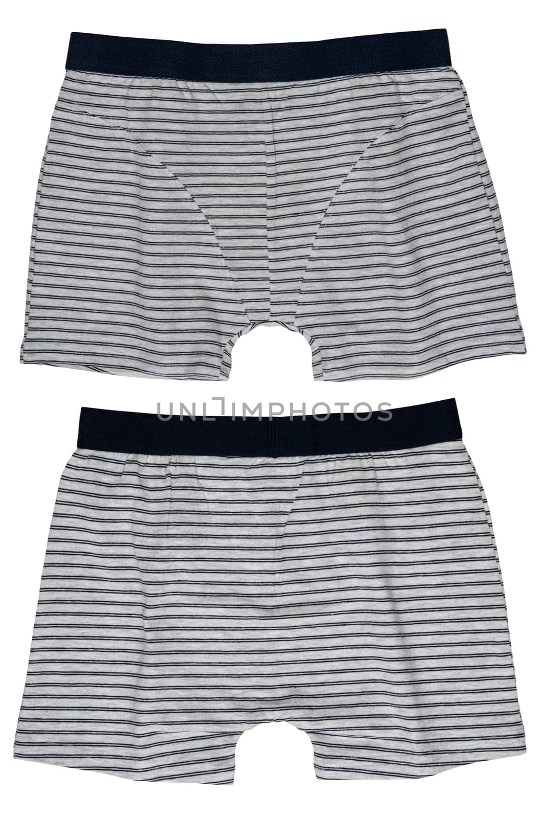 Male underwear isolated. Collage of a gray striped boxer short isolated on a white background. Mens underwear fashion. Front and back view. Short pants.
