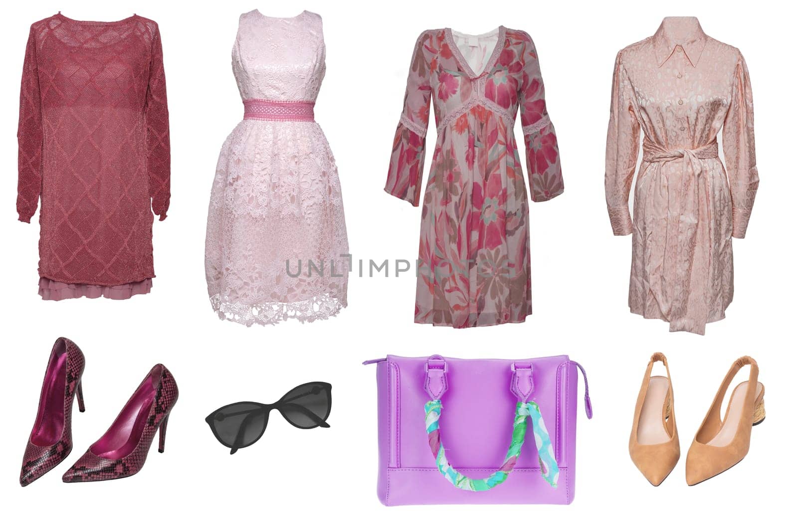 Collage woman clothes. Set of luxurious trendy women dresses, stylish high heels, handbag andaccessories isolated. Female woman apparel collection. Women fashion clothing outfit.