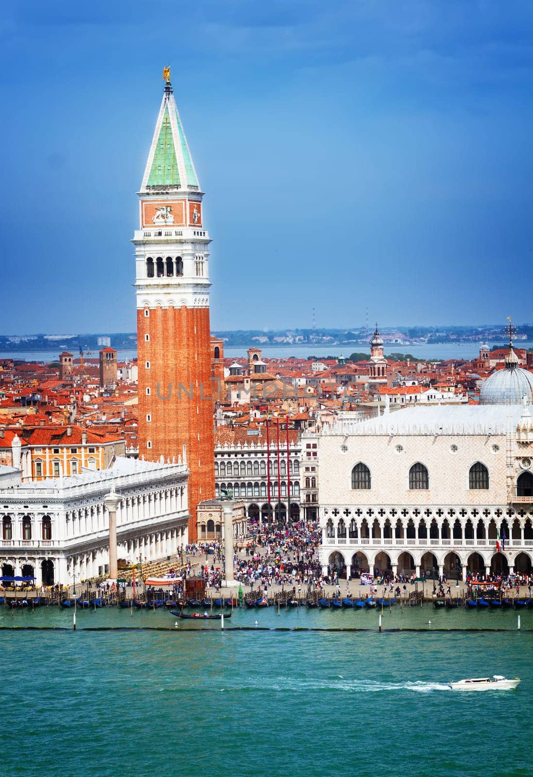 famous San Marco square waterfront at summer day, vertical shot, Venice, Italy, retro toned