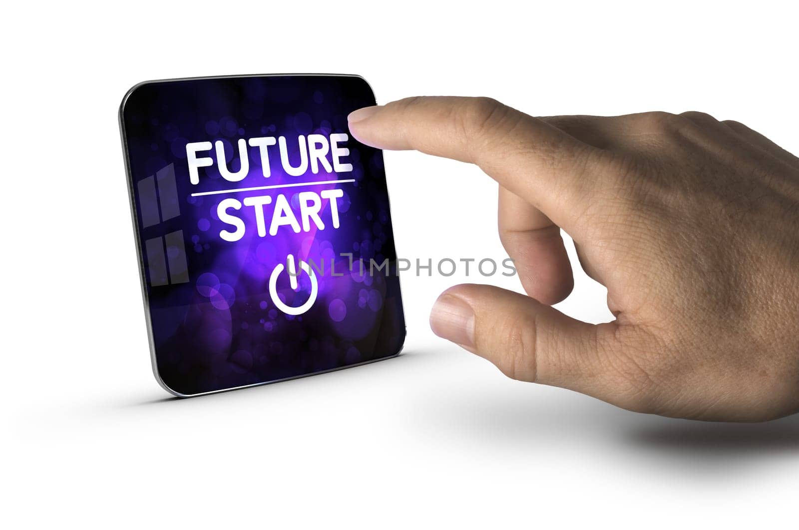 Finger about to press modern screen with the text future start, white background. Concept image for illustration of innovation or strategic vision.