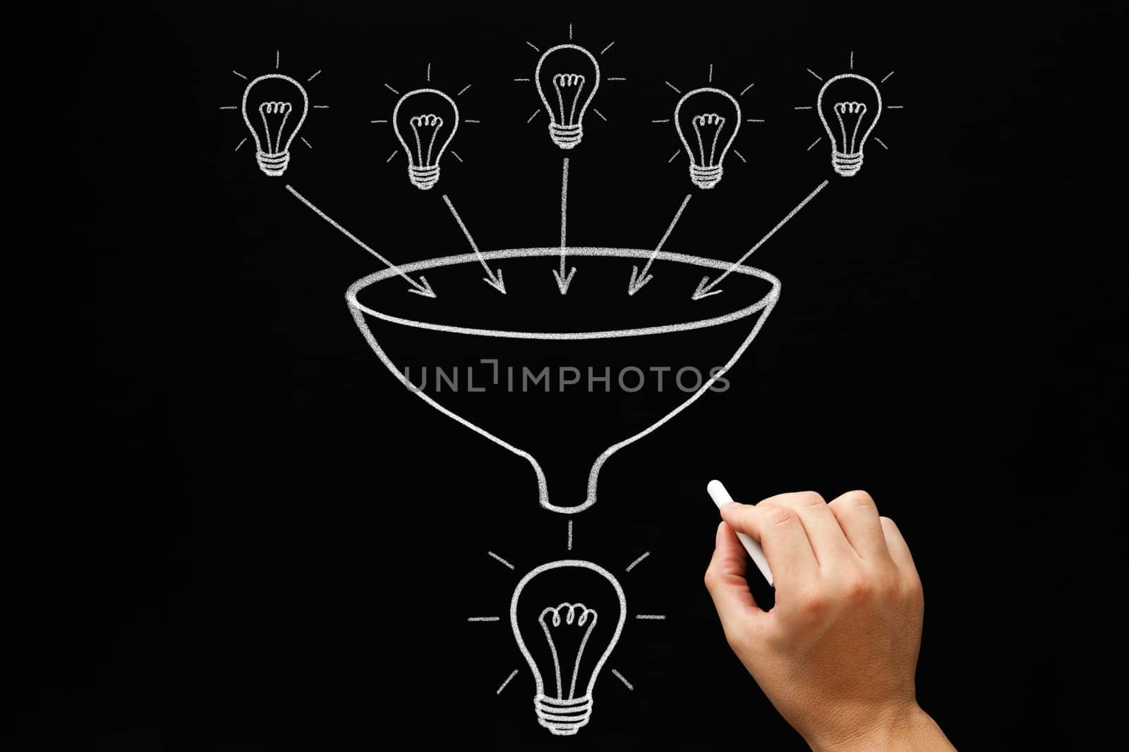 Hand drawing light bulbs and funnel teamwork concept with white chalk on blackboard. Many small ideas add up to a big one.