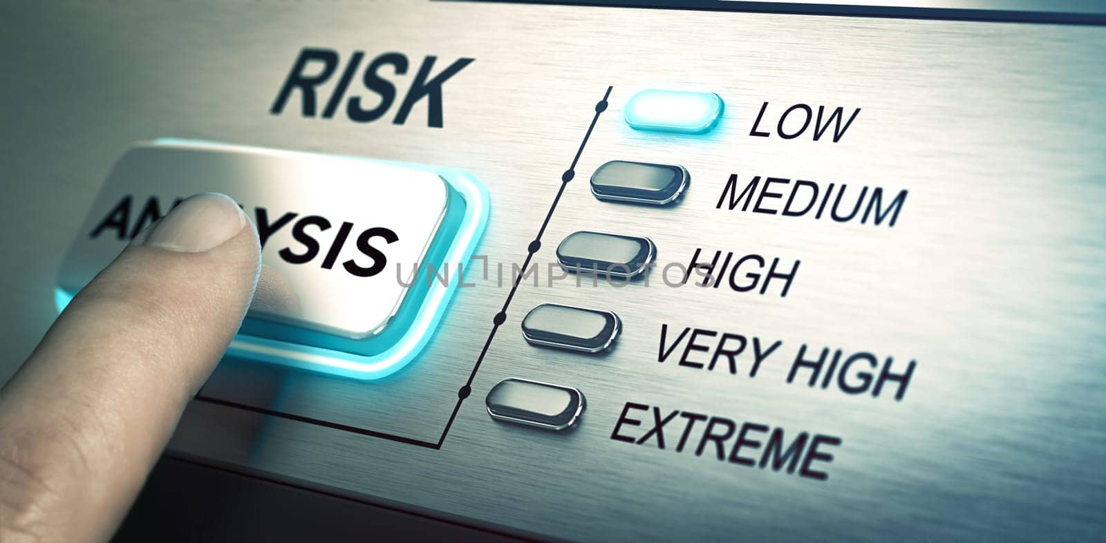 man finger about to press an analysis push button. Focus on the blue led. Concept image for illustration of risk management or assessment.