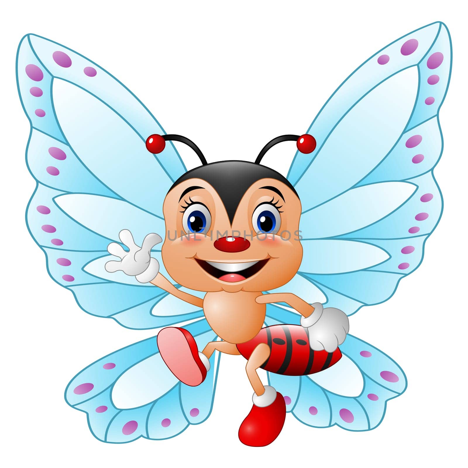 Cartoon funny butterfly waving hand