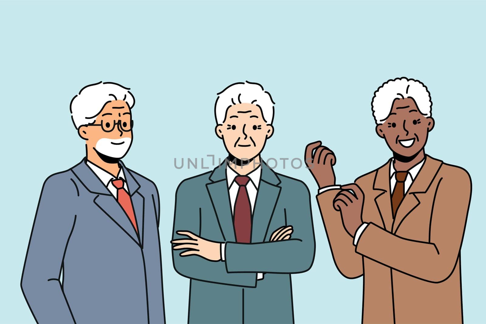 Multiethnic senior businesspeople in formal wear smiling and looking confidently at screen. Multiracial businesspeople founders of corporation or members of board of directors in investment company