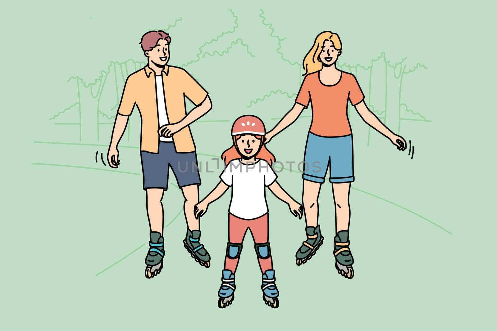 Happy family roller skating in park enjoying joint activity on nature in warm summer weather. Little girl roller skating and laughing together with mom and dad during outdoor recreation