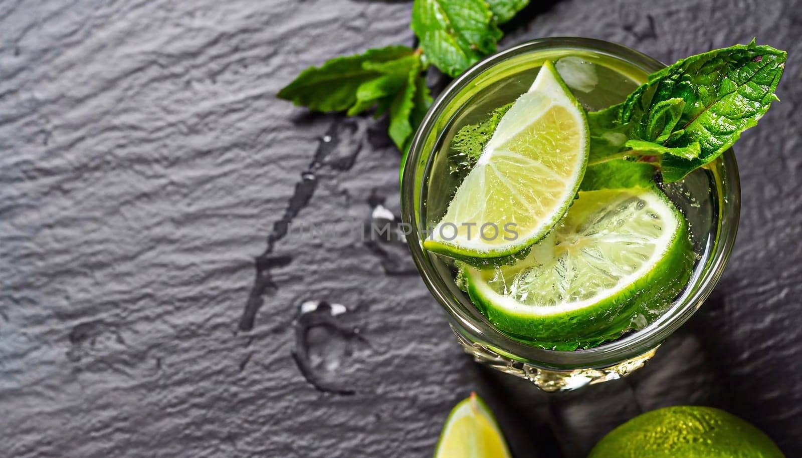 Macro shot of Coctail Mojito with green mint leaves, white rum, lime, lemon, soda and ice cubes. Beautiful macro shot of mojito cocktail glass covered with condenstion in sunlight