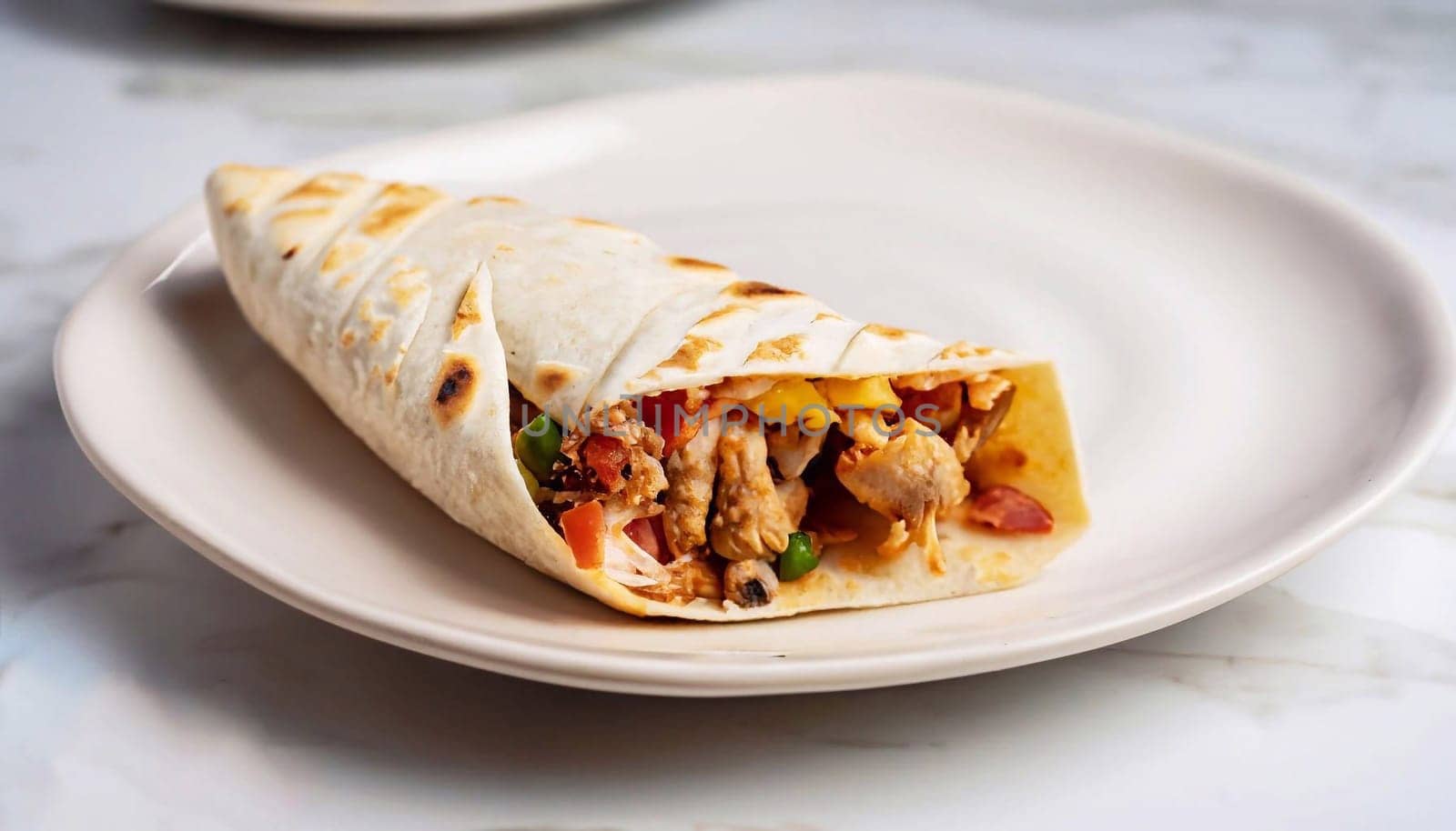 High Angle Still Life of Trio of Tex Mex Fajita Wraps Wrapped in Grilled Flour Tortillas and Filled with Variety of Fillings Such as Chicken, Chili and Shrimp and Fresh Vegetables on White Background