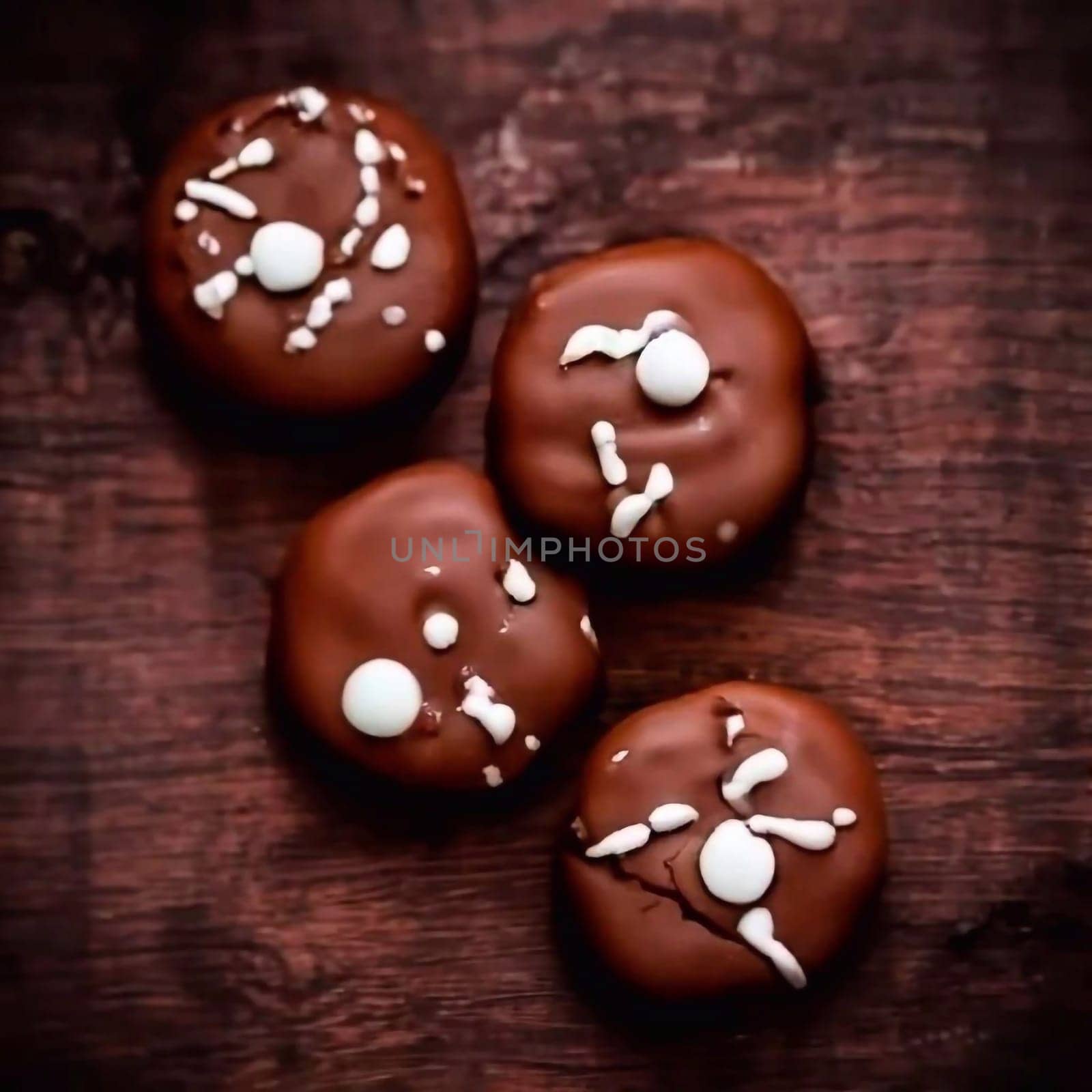 Close up of Heart Shaped Christmas Cookies with Almond Paste, Chocolate and Walnut on wooden background