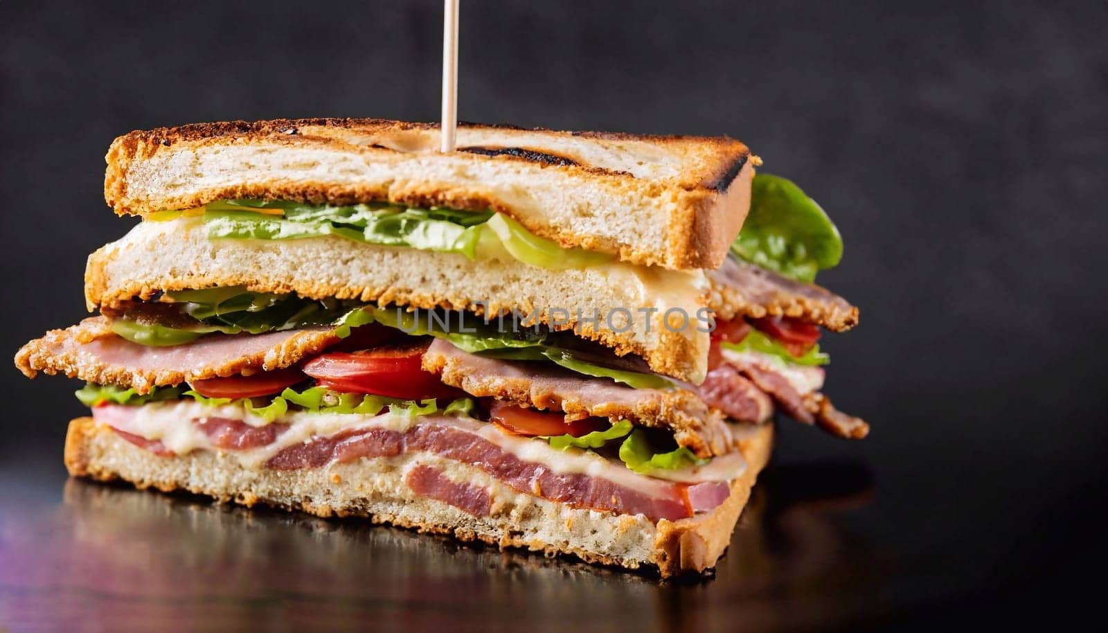Tuna egg salad sandwich with green olives and black salt on the side on white wooden table against grey background