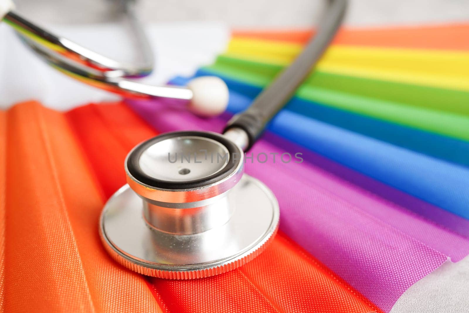 LGBT symbol, Stethoscope with rainbow ribbon, rights and gender equality, LGBT Pride Month in June.