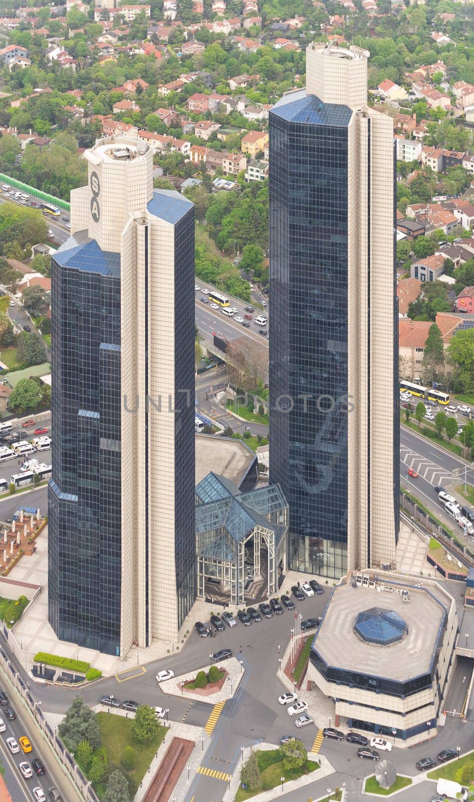 Airial view of Istanbul city from Istanbul Sapphire skyscraper overlooking Sabanci Center, or Twin towers of Sabanci, located close to the Buyukdere Avenue in Besiktas district of Istanbul, Turkey