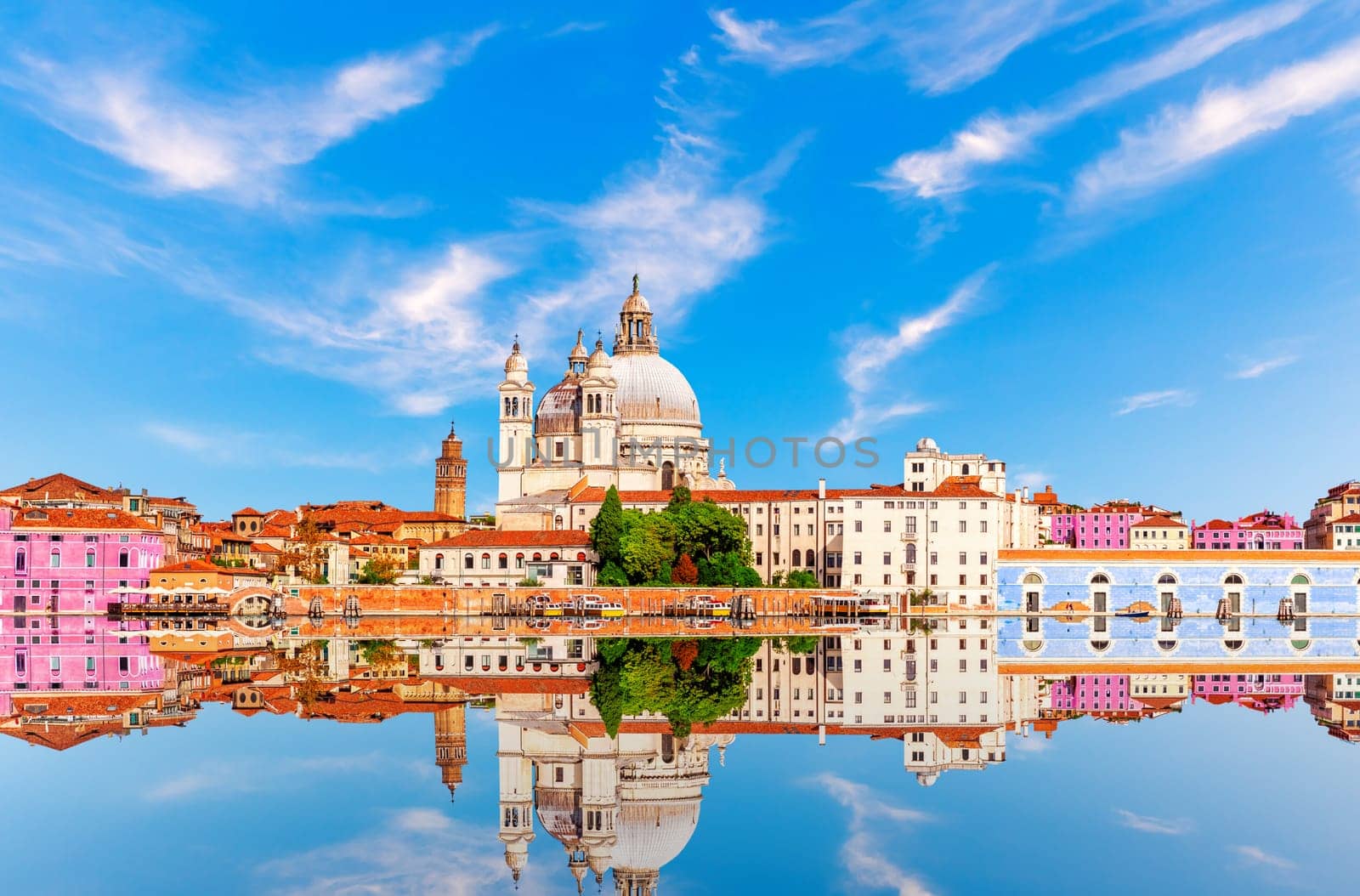 Santa Maria della Salute Church in the Grand Canal, side view, Venice, Italy.