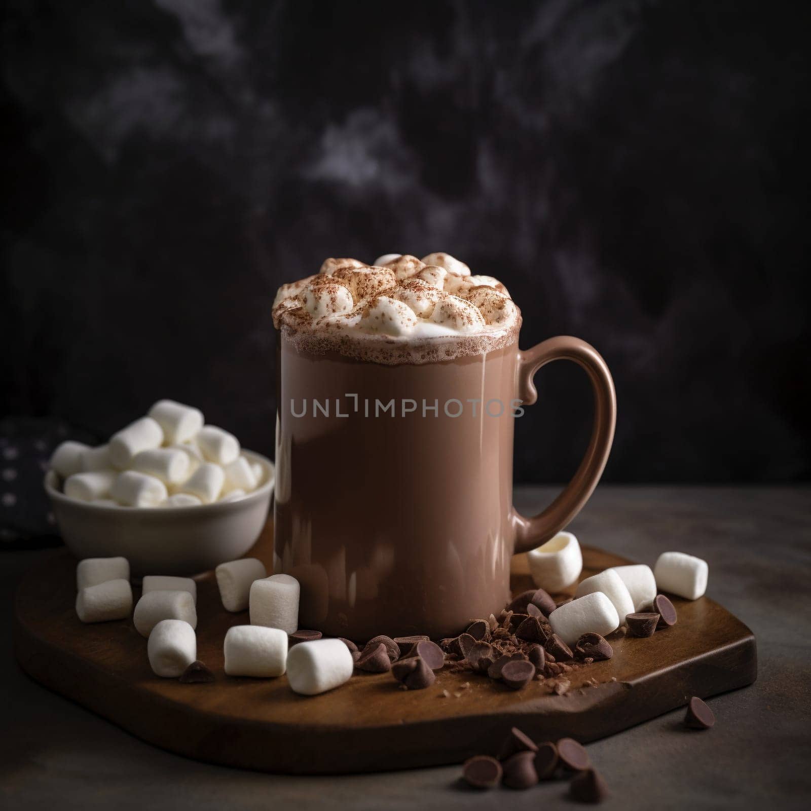 This hot chocolate is rich and decadent, with a velvety smooth texture that is perfect for warming up on a cold day. Served in a tall mug and surrounded by a pile of marshmallows, this drink is both visually appealing and delicious. The aroma is rich and chocolaty with a hint of sweetness, adding to the overall sensory experience. Topped with a dollop of whipped cream and a sprinkling of cocoa powder, this hot chocolate is the ultimate treat.