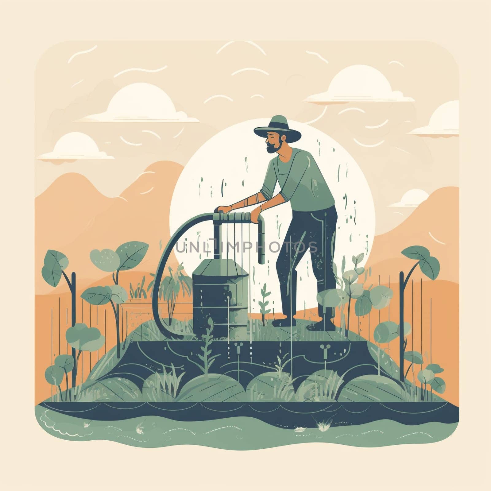This image depicts a farmer using rainwater harvesting to irrigate crops. It highlights the potential of this technology to reduce water usage in agriculture and promote sustainable farming practices. Water is a critical resource for agriculture, and farmers are facing increasing challenges due to water scarcity and drought. Rainwater harvesting is an innovative technology that can help to reduce water usage in agriculture by capturing and storing rainwater for later use. By promoting the use of rainwater harvesting in agriculture, this image encourages viewers to take action to promote sustainable farming practices and protect water resources. This image represents the potential for technology to create positive change and promote environmental stewardship in agriculture.
