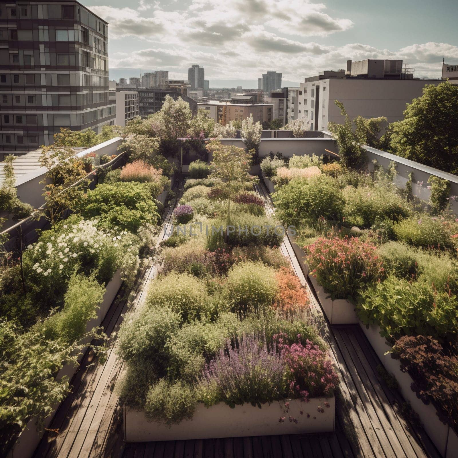 This image captures the beauty and functionality of urban gardening practices. It shows a garden growing on the rooftop of a city building, filled with fragrant herbs like sage, mint, and lavender. The image conveys a sense of natural beauty and serenity amidst the hustle and bustle of the city, highlighting the benefits of incorporating green spaces into urban environments.