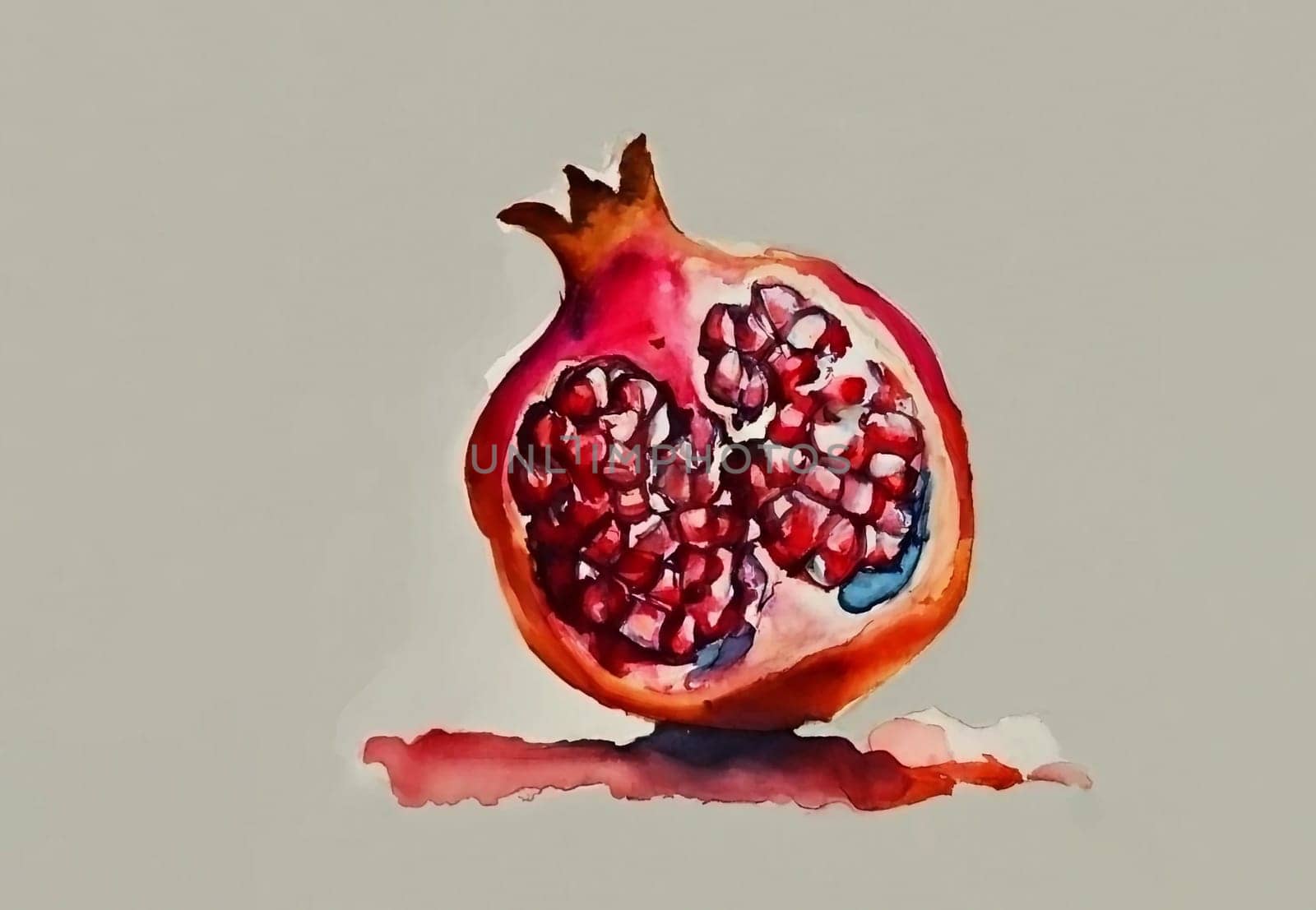 Hand drawn watercolor painting on white background. Vector illustration of fruit pomegranate