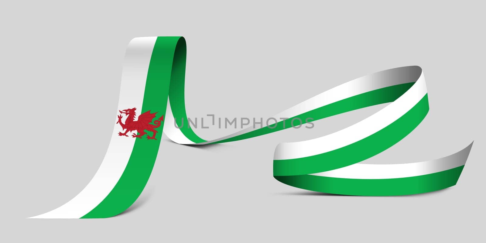 3D illustration. Flag of Wales on a fabric ribbon background.