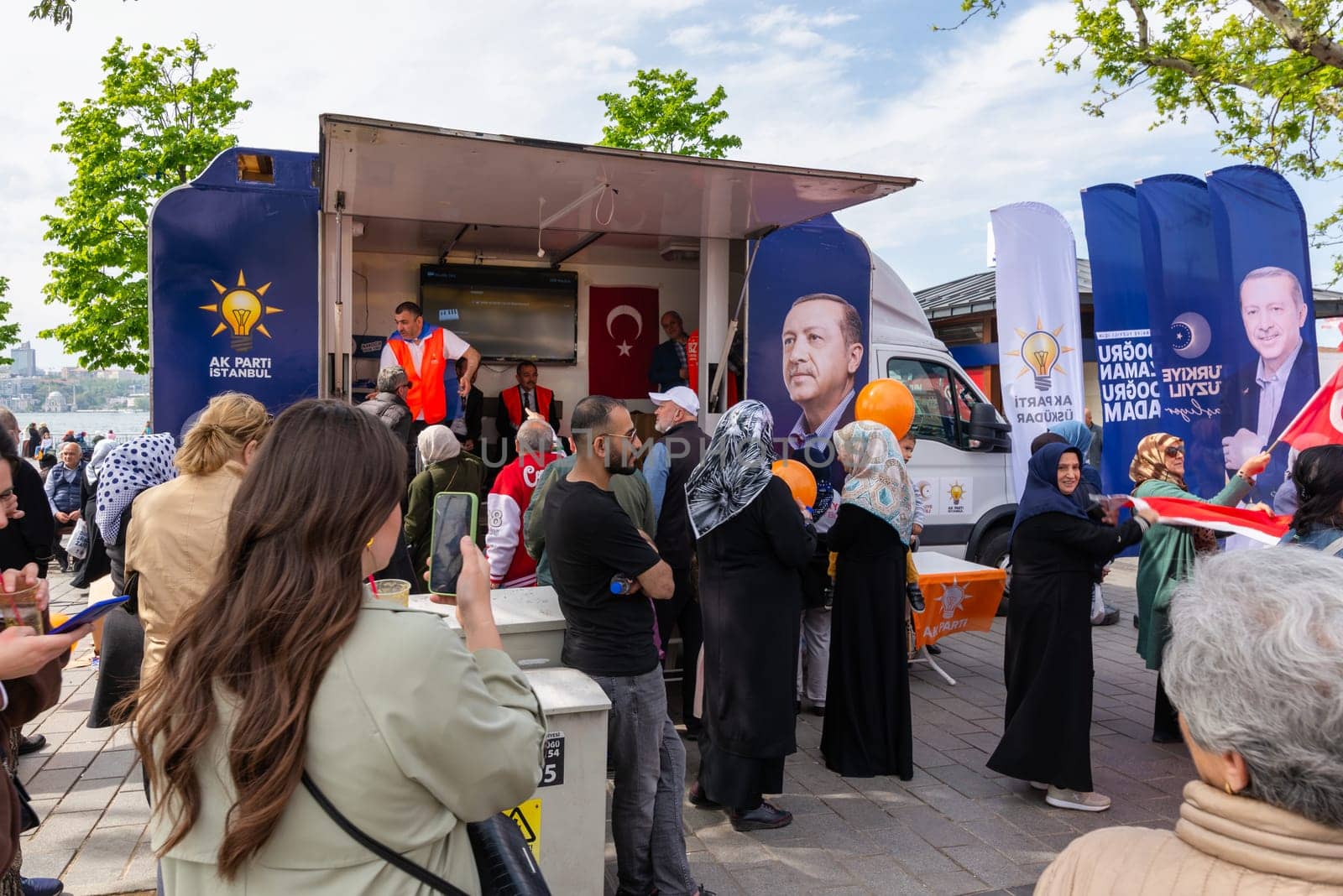 Istanbul, Turkey - May 3 2023: AK Party tent in the neighbourhood of Uskudar during 2023 elections