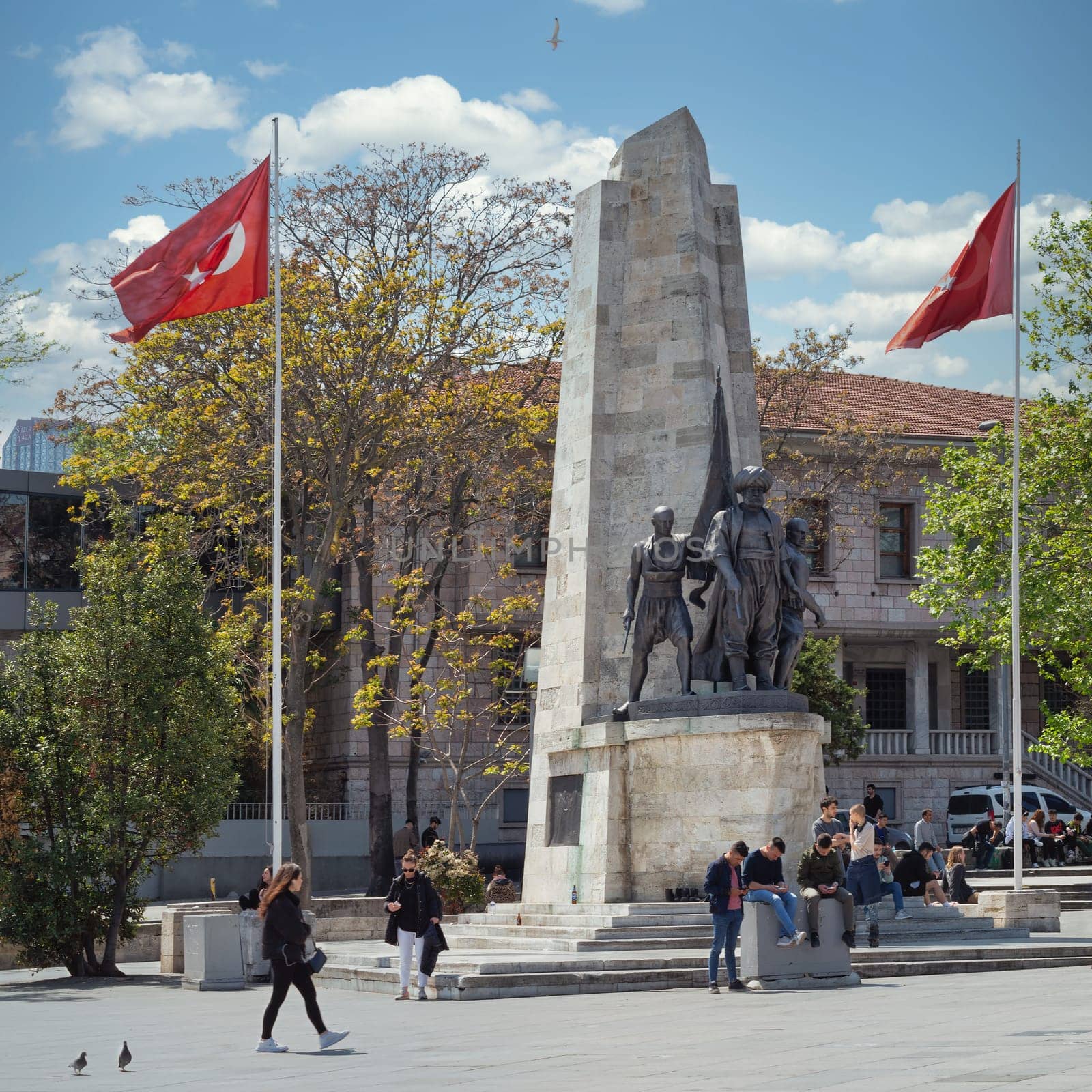 Istanbul, Turkey - May 7, 2023: Barbaros Monument in Barbaros Square, Besiktas district. The monument is a large bronze statue of Barbaros Hayreddin Pasha, a famous Ottoman admiral