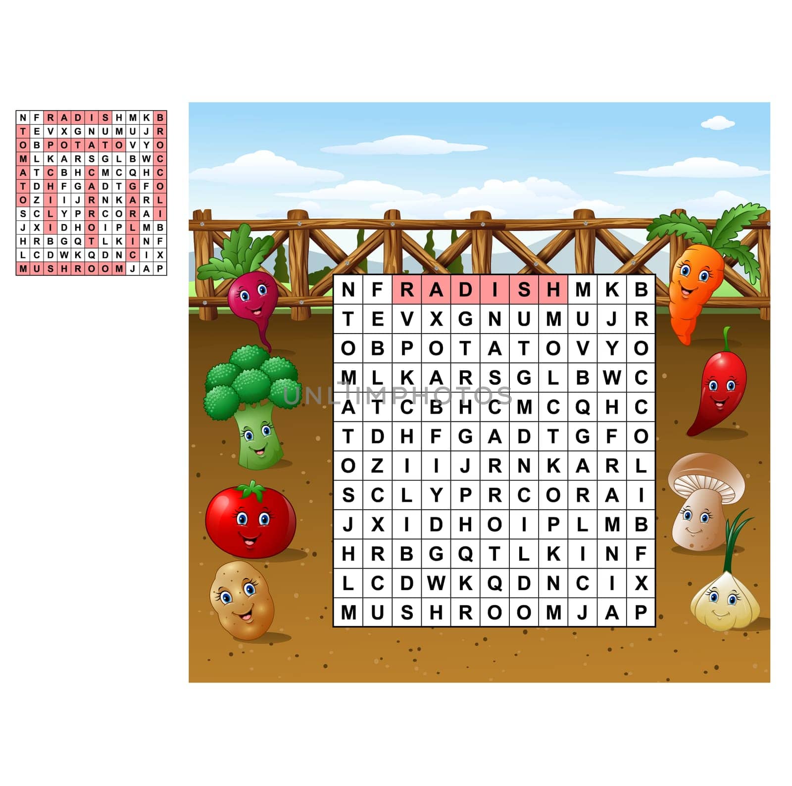 Word search puzzle about vegetables