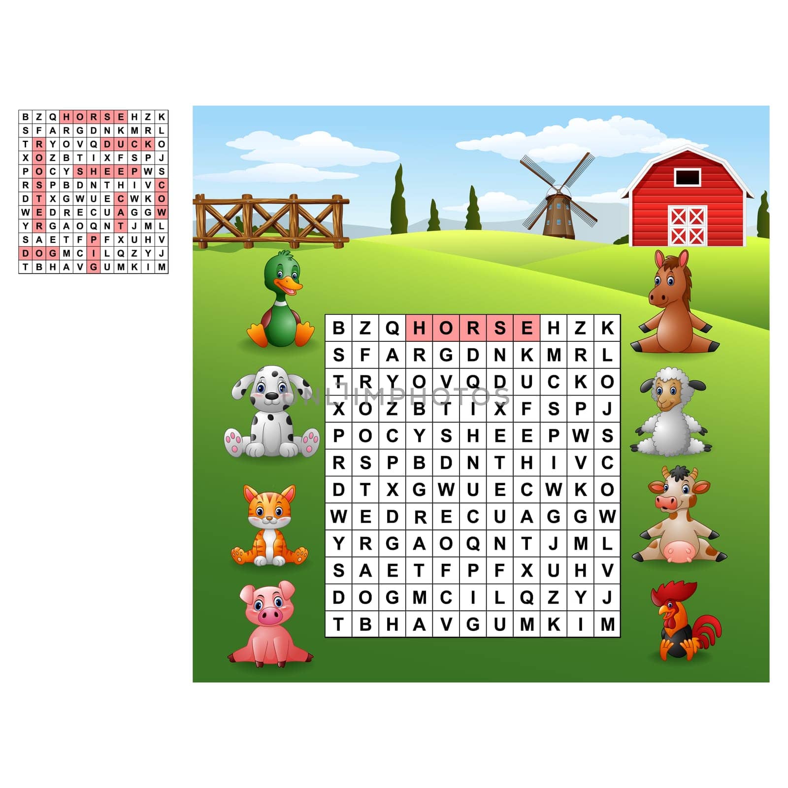 Word search puzzle about farm animals