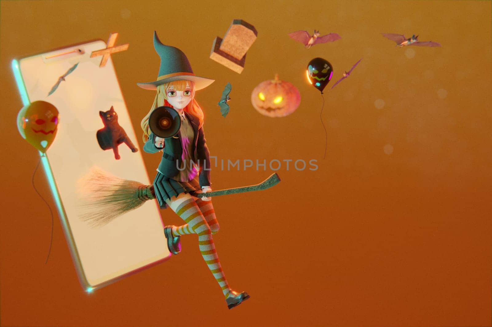 3D Illustration , witch with Halloween broom, online shopping concept, digital marketing on website and mobile application