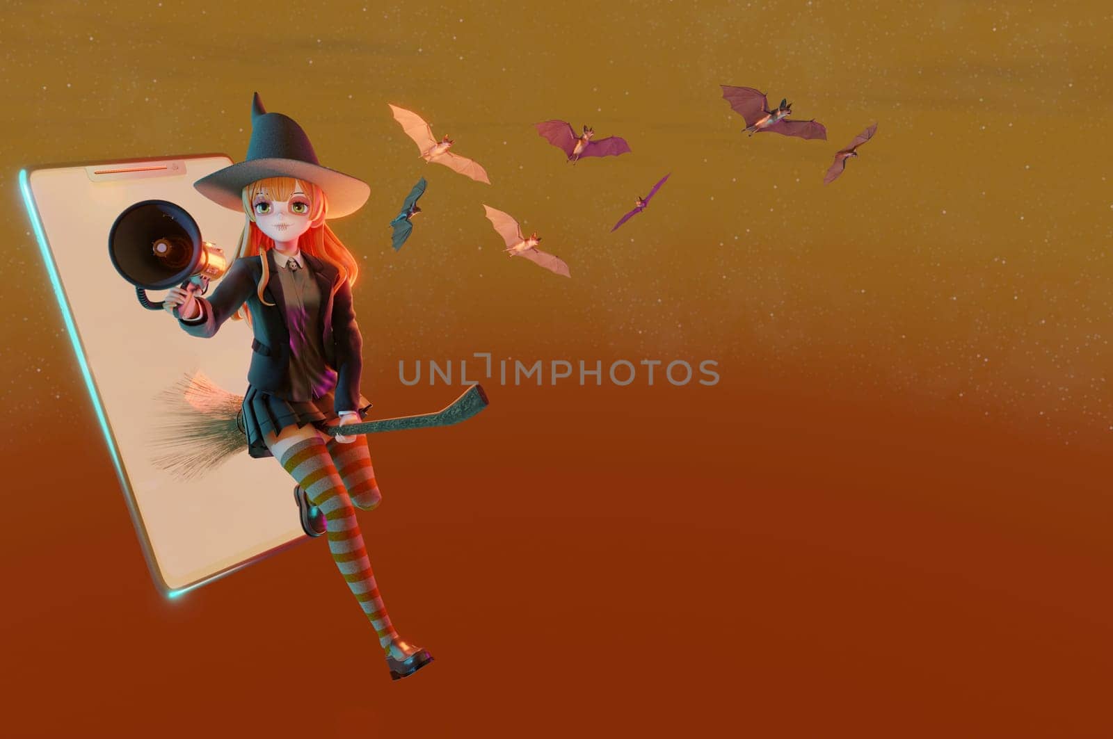 3D Illustration , witch with Halloween broom, online shopping concept, digital marketing on website and mobile application