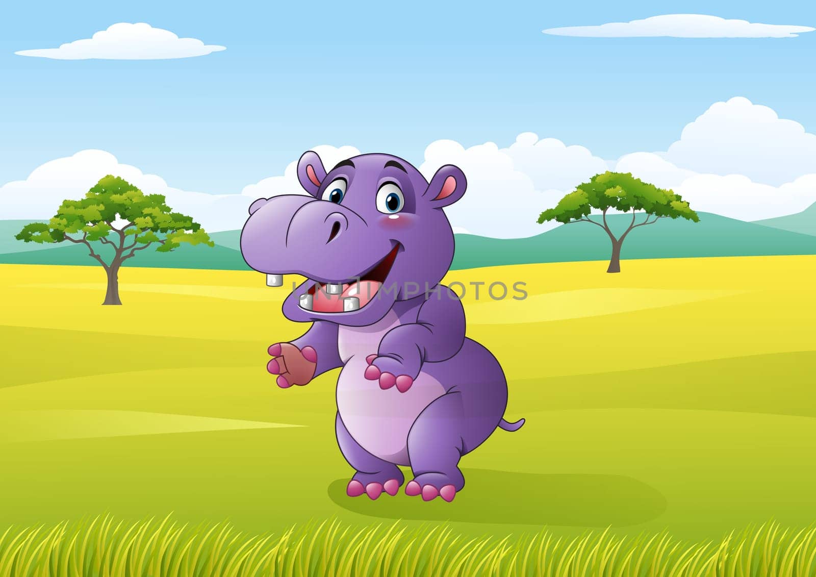 Cartoon funny hippo in the African landscape