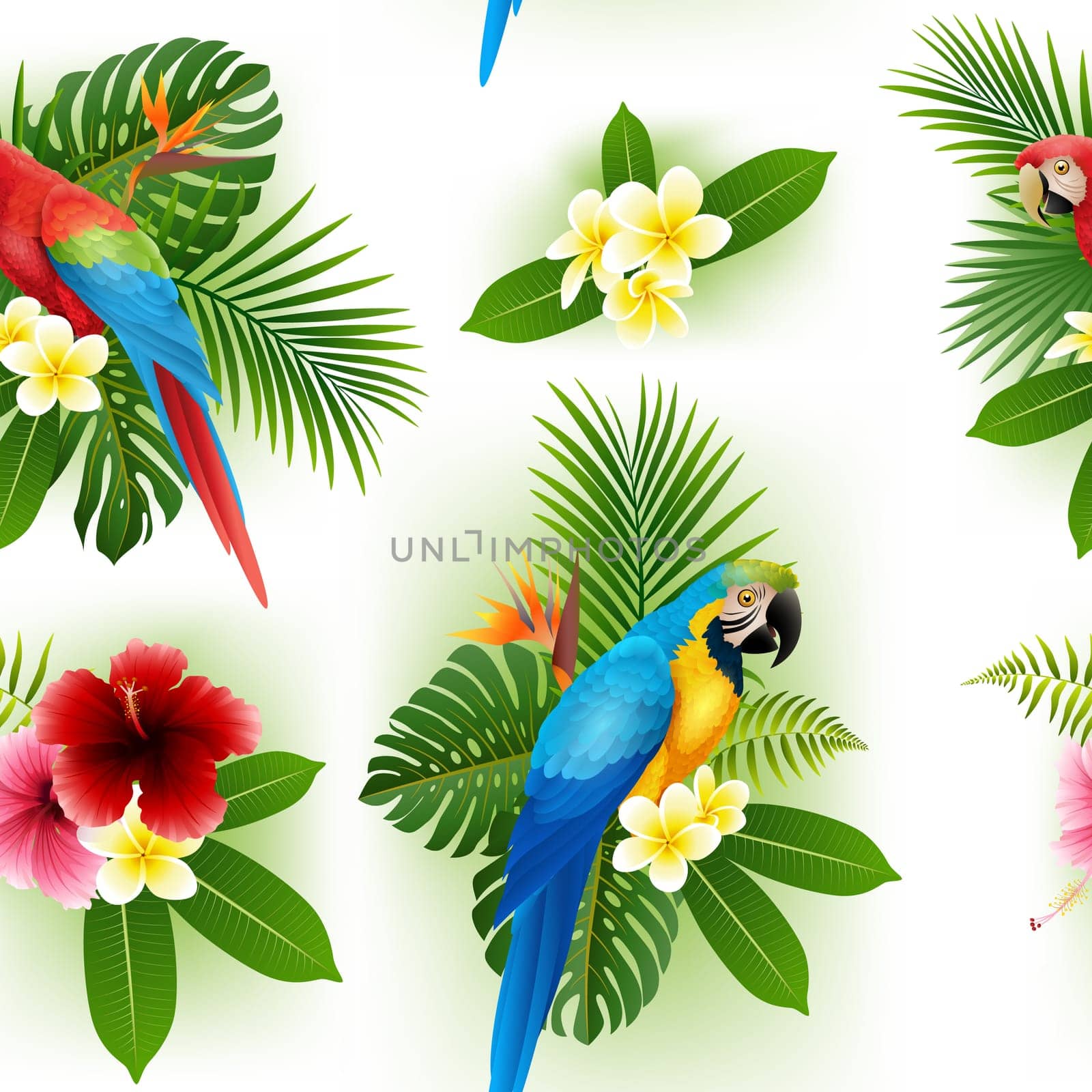Seamless pattern of tropical flowers, tropical leaves and parrot