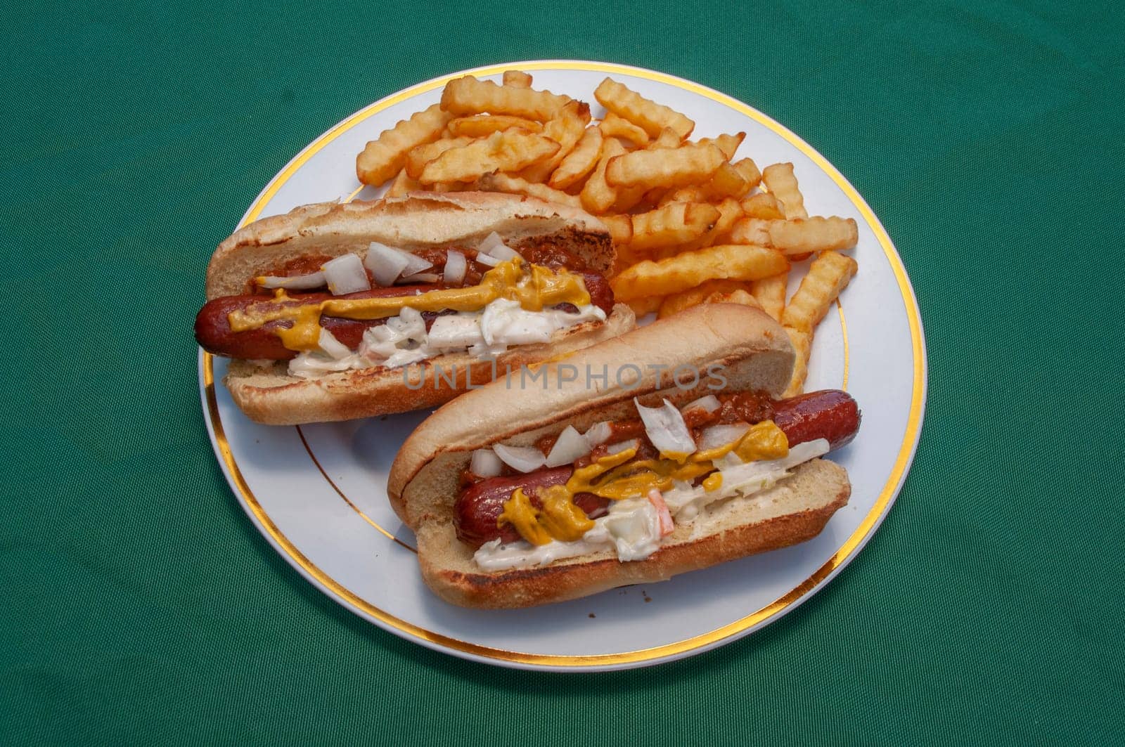 Traditional all beef or pork hot dog with french fries
