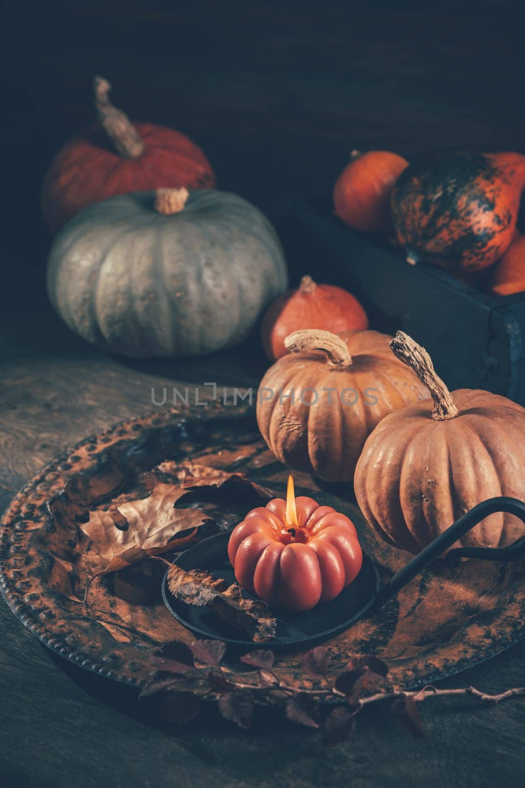 Autumn or fall harvest concept with pumpkins and candles on dark wooden background