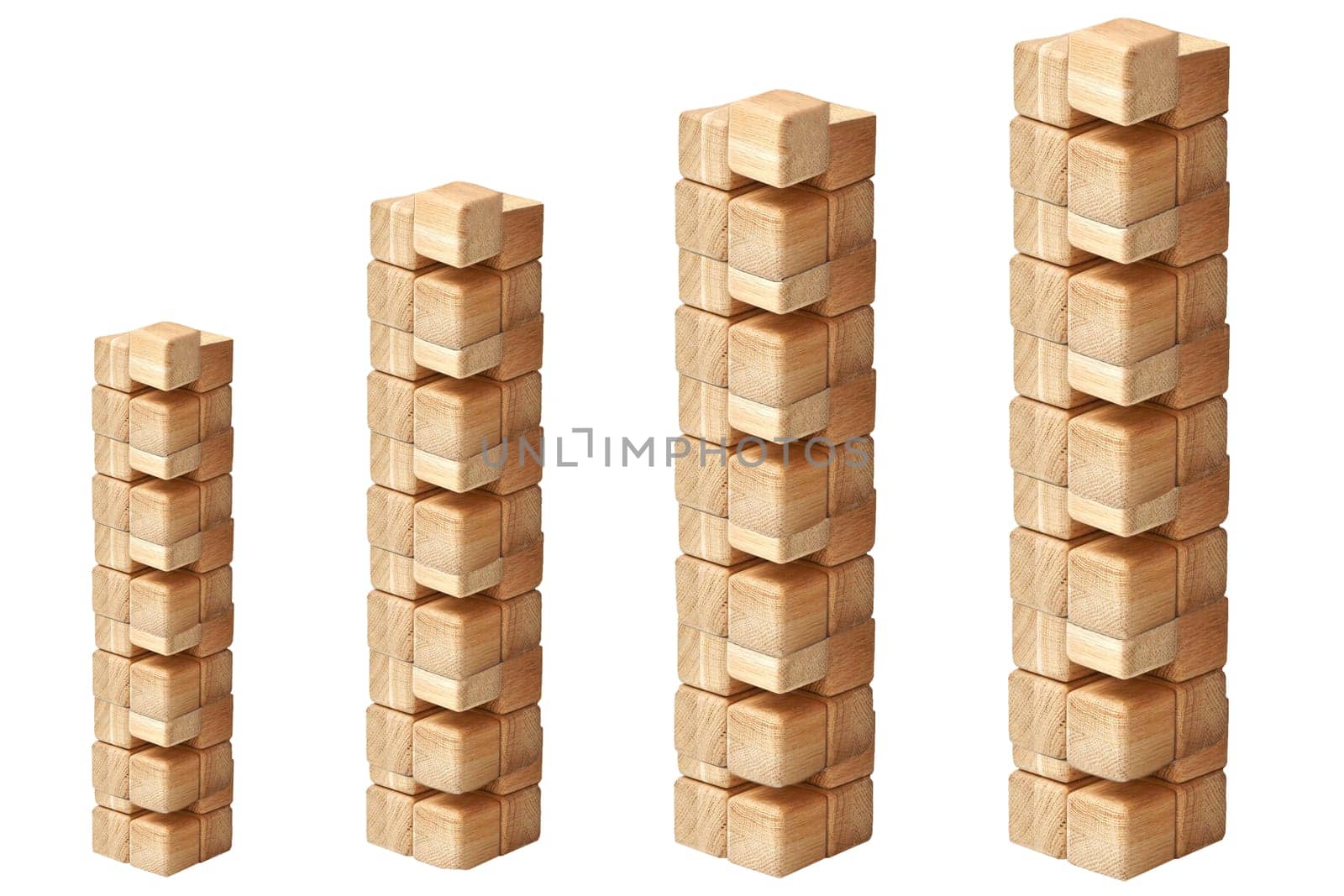 Towers from wooden blocks isolated on a white. Concept of technology, business, construction planning. Copy space. Wood blocks game. Building blocks for children.