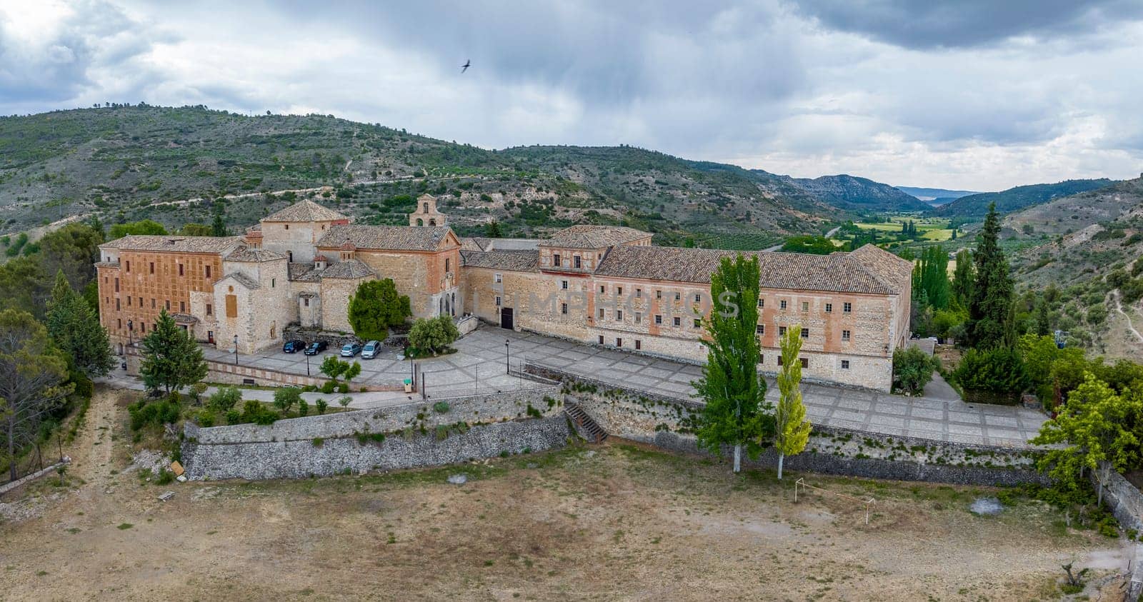 Panoramic aerial view of the Monastery of Carmen in Pastrana, province of Guadalajara Spain