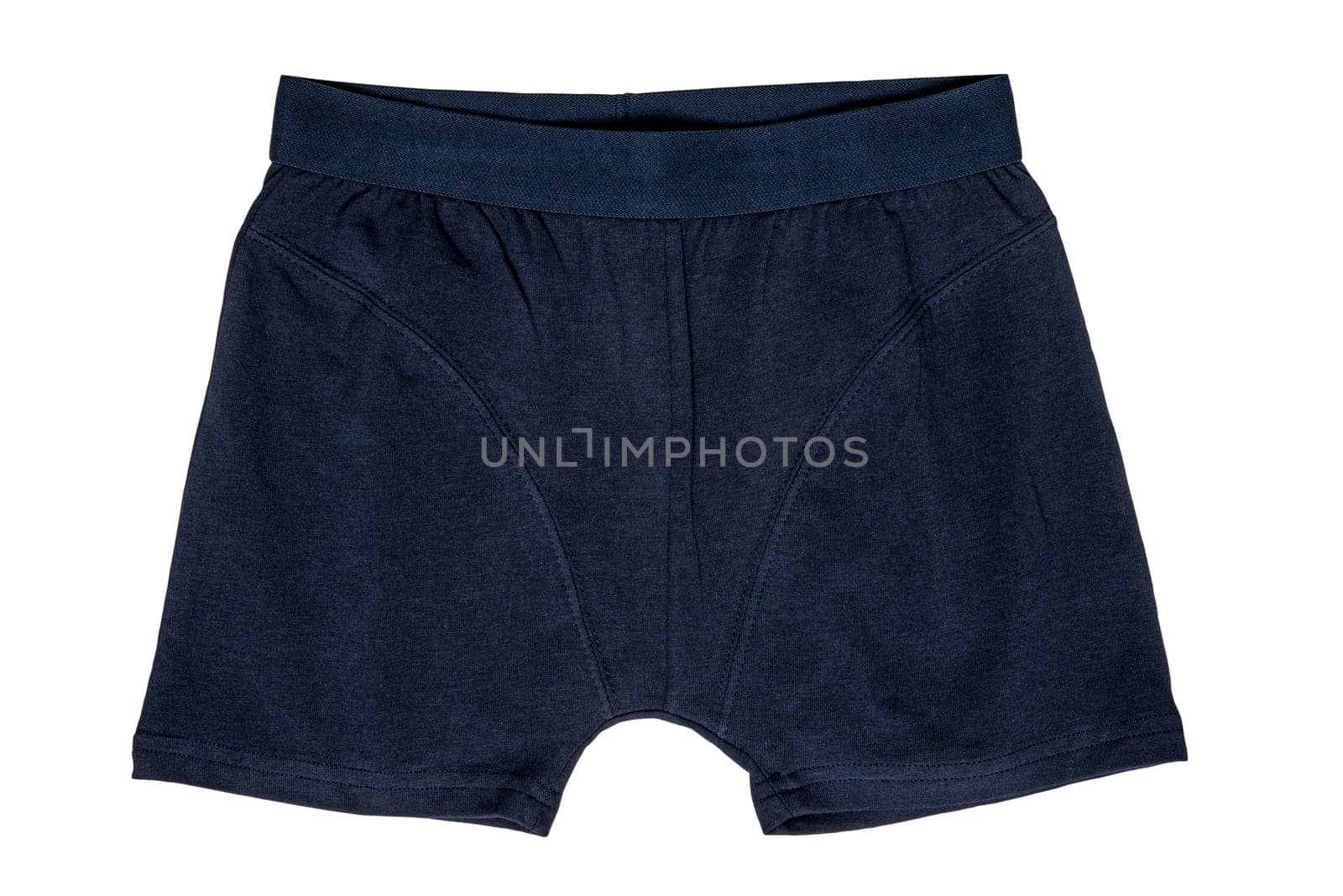 Male underwear isolated. Close-up of dark blue boxer short isolated on a white background. Mens underwear fashion. Clipping path. Short pants. Boys fashion.