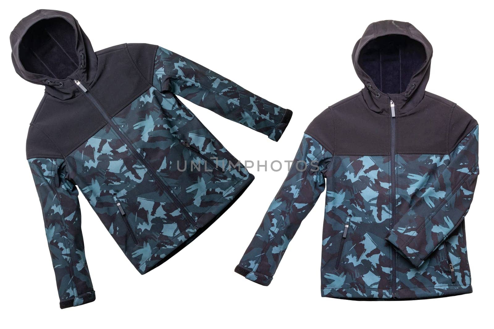 Winter jacket for children. Collage set of children's black warm jacket with hood in two views isolated on white background. Winter fashion. Military style.