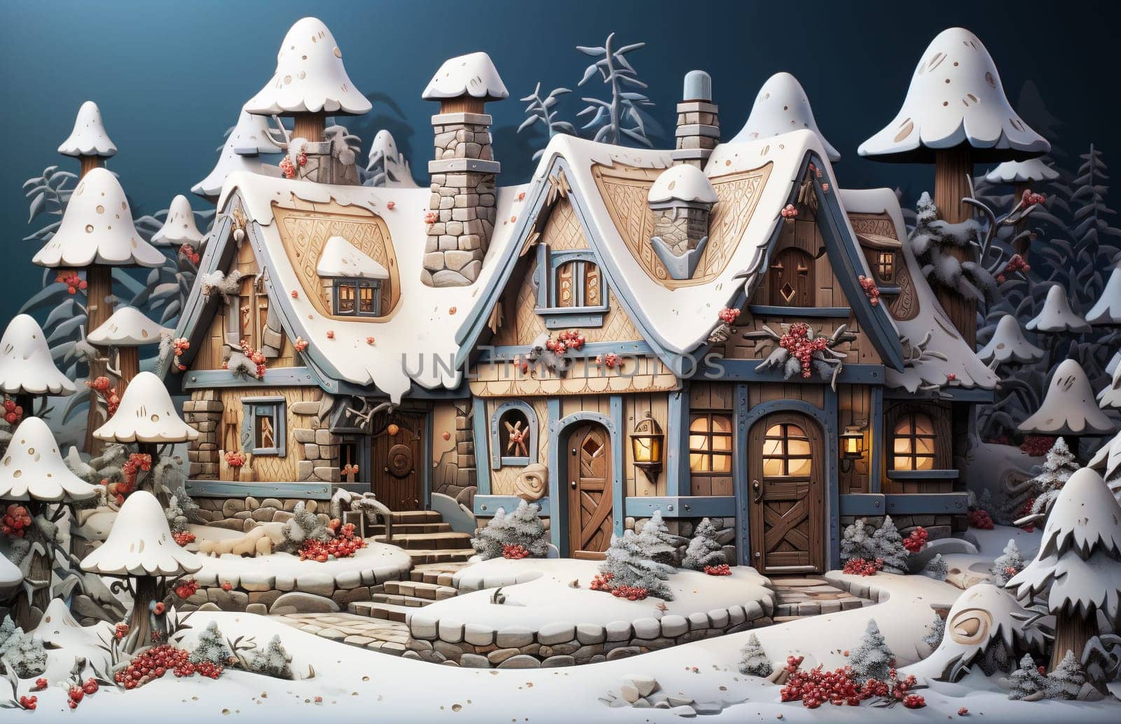 Fairy tale house covered with snow, christmas fir trees, winter holiday season, town at christmas eve, generative AI