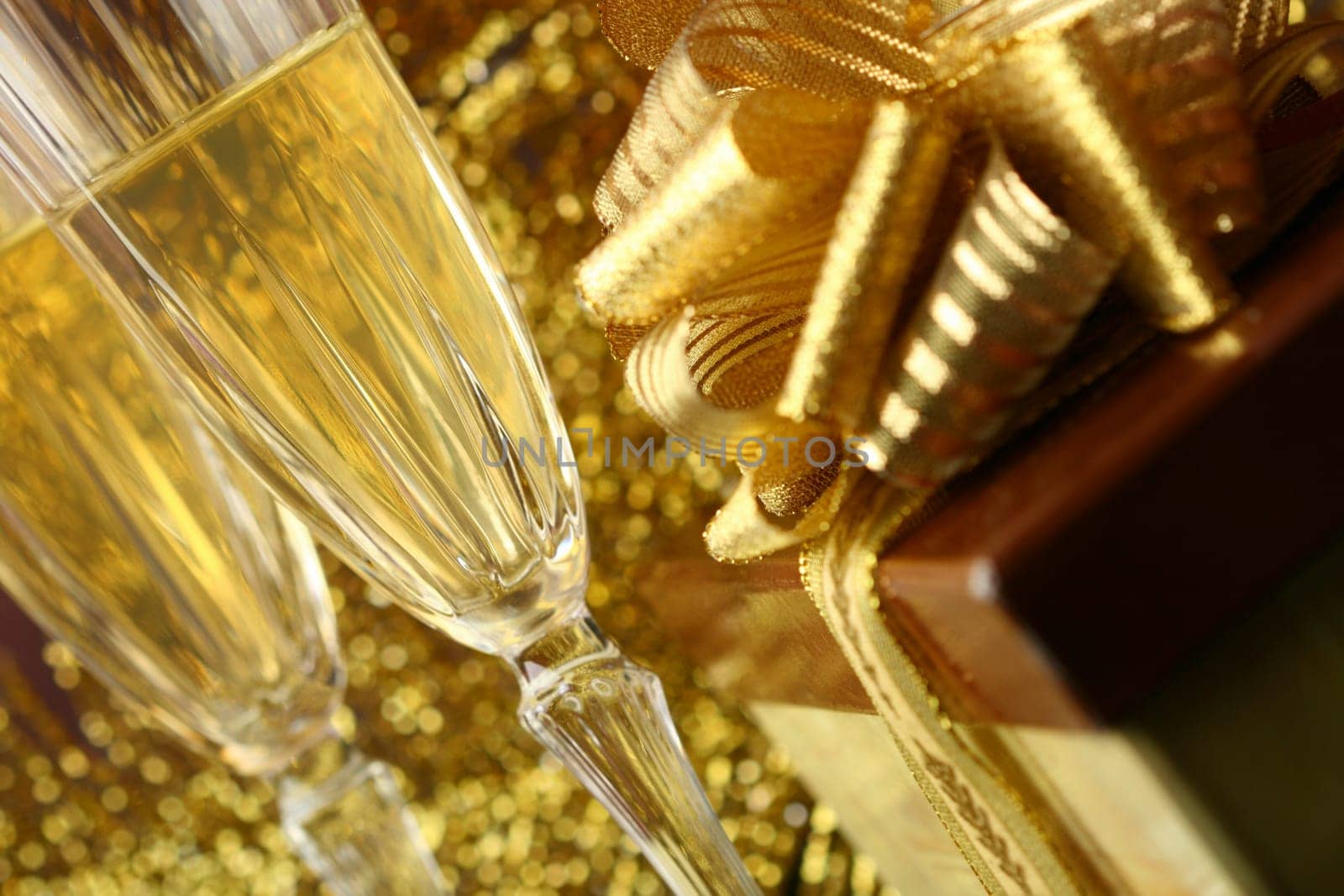 holiday card - golden champagne and gift