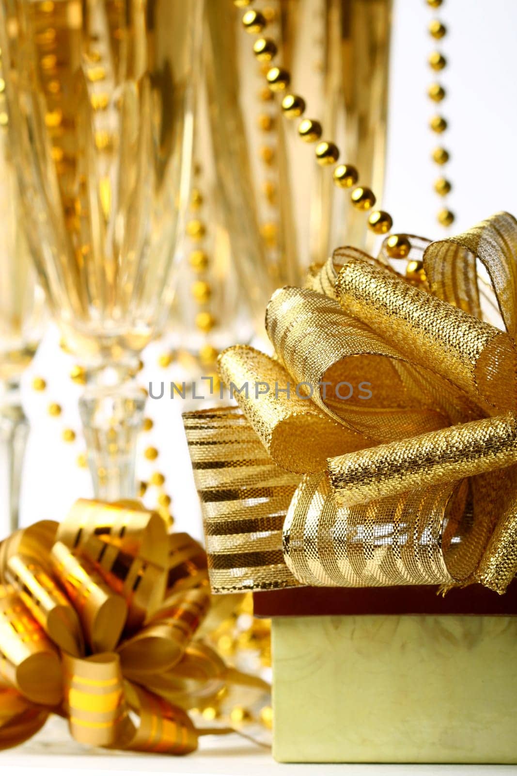 holiday card - golden champagne and gift