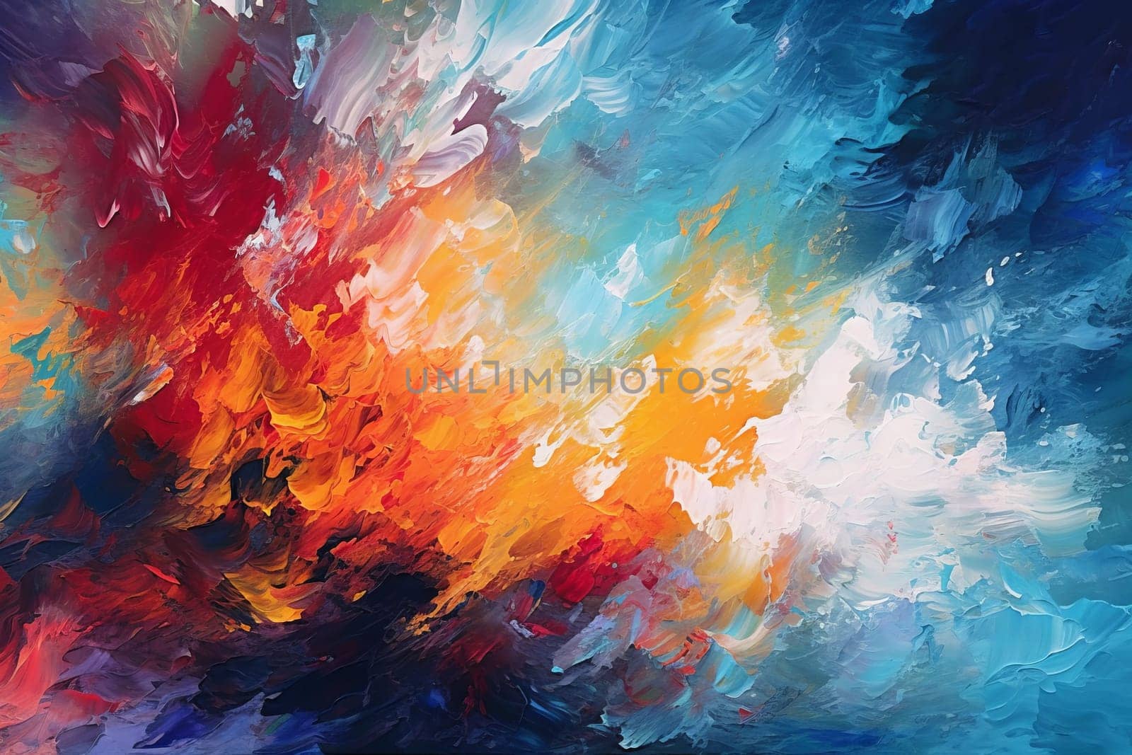 An abstract painting of blue, orange, and red colors