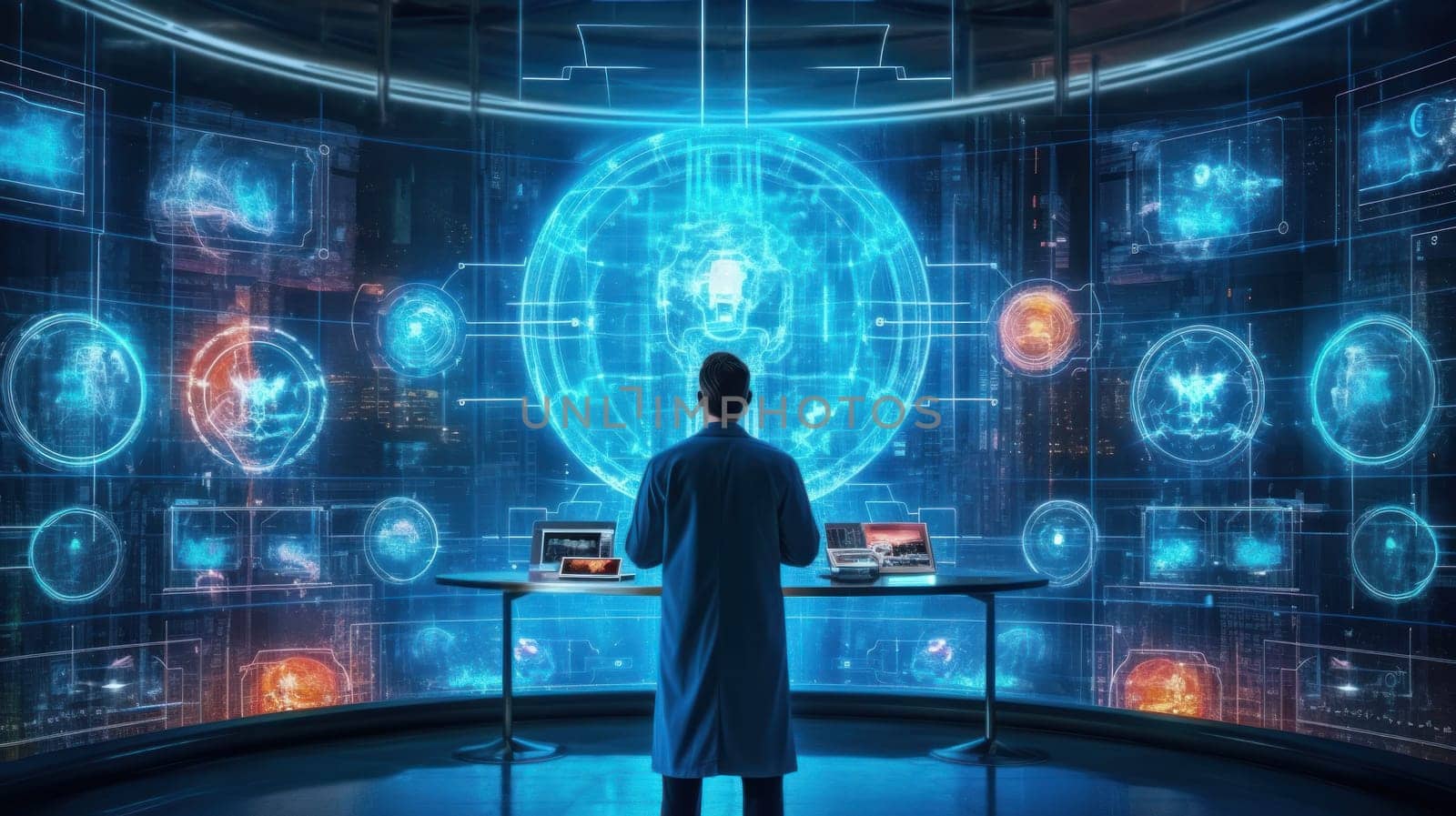 A man in a lab coat standing in front of a large display