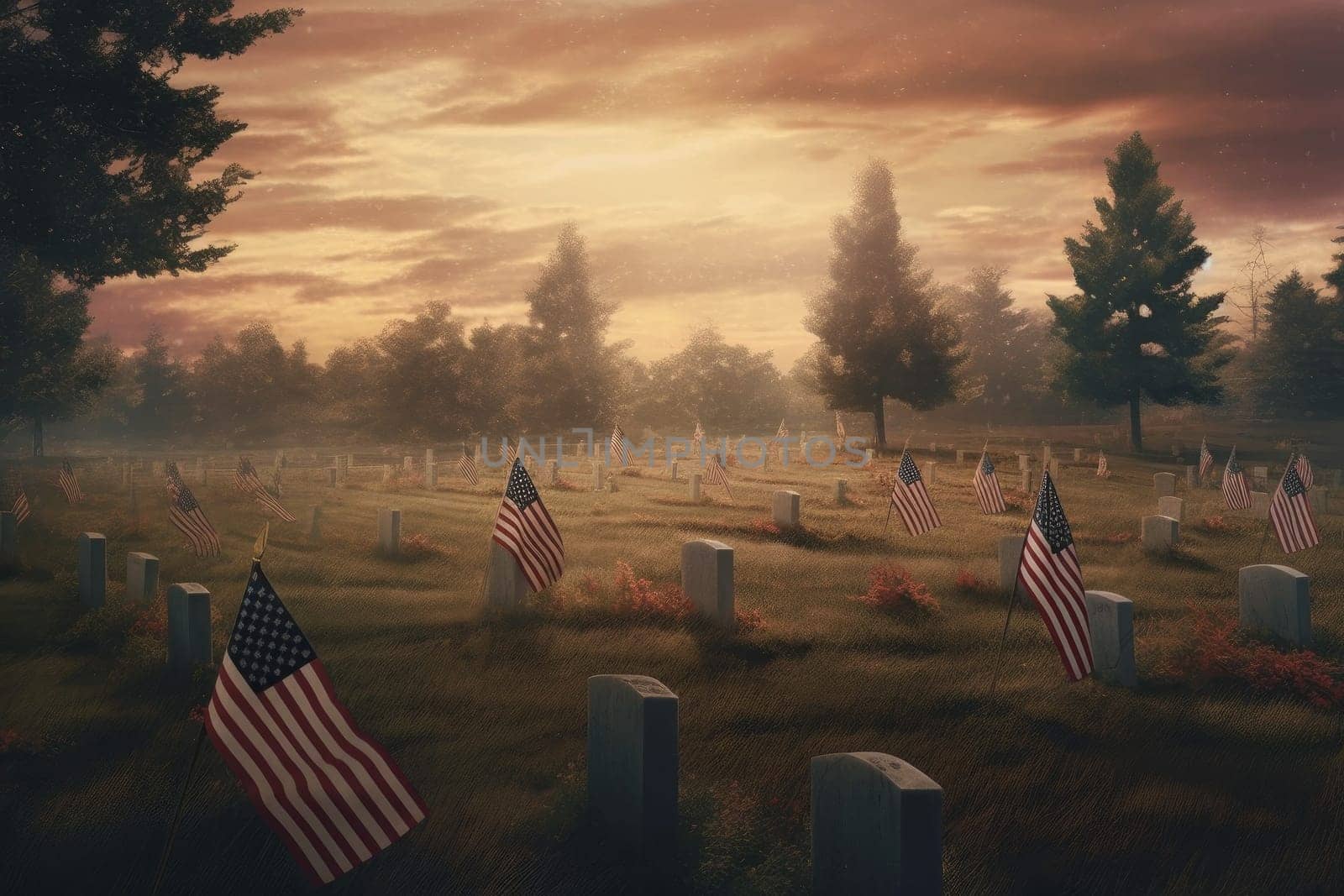 Painting of a cemetery with American flags in the foreground