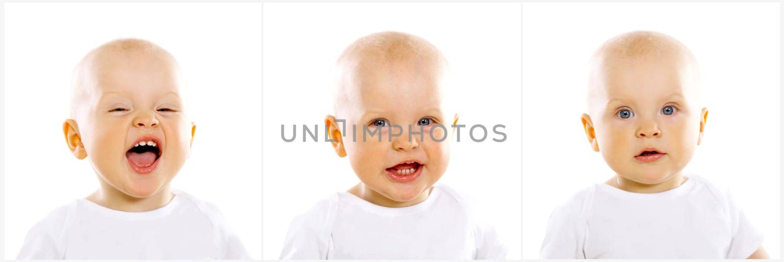 Three Portraits of sweet little baby boy on white background