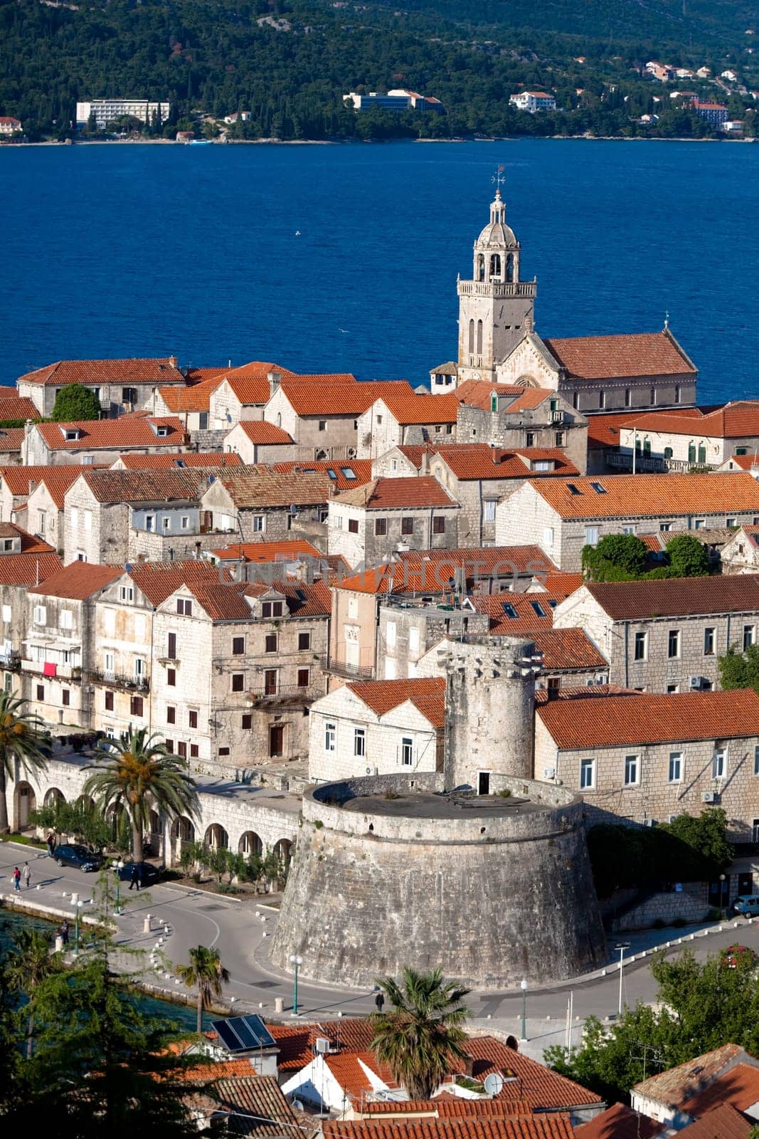 Old medieval town Korcula - panorama detail with chathedral. Croatia, Dalmatia region, Europe.