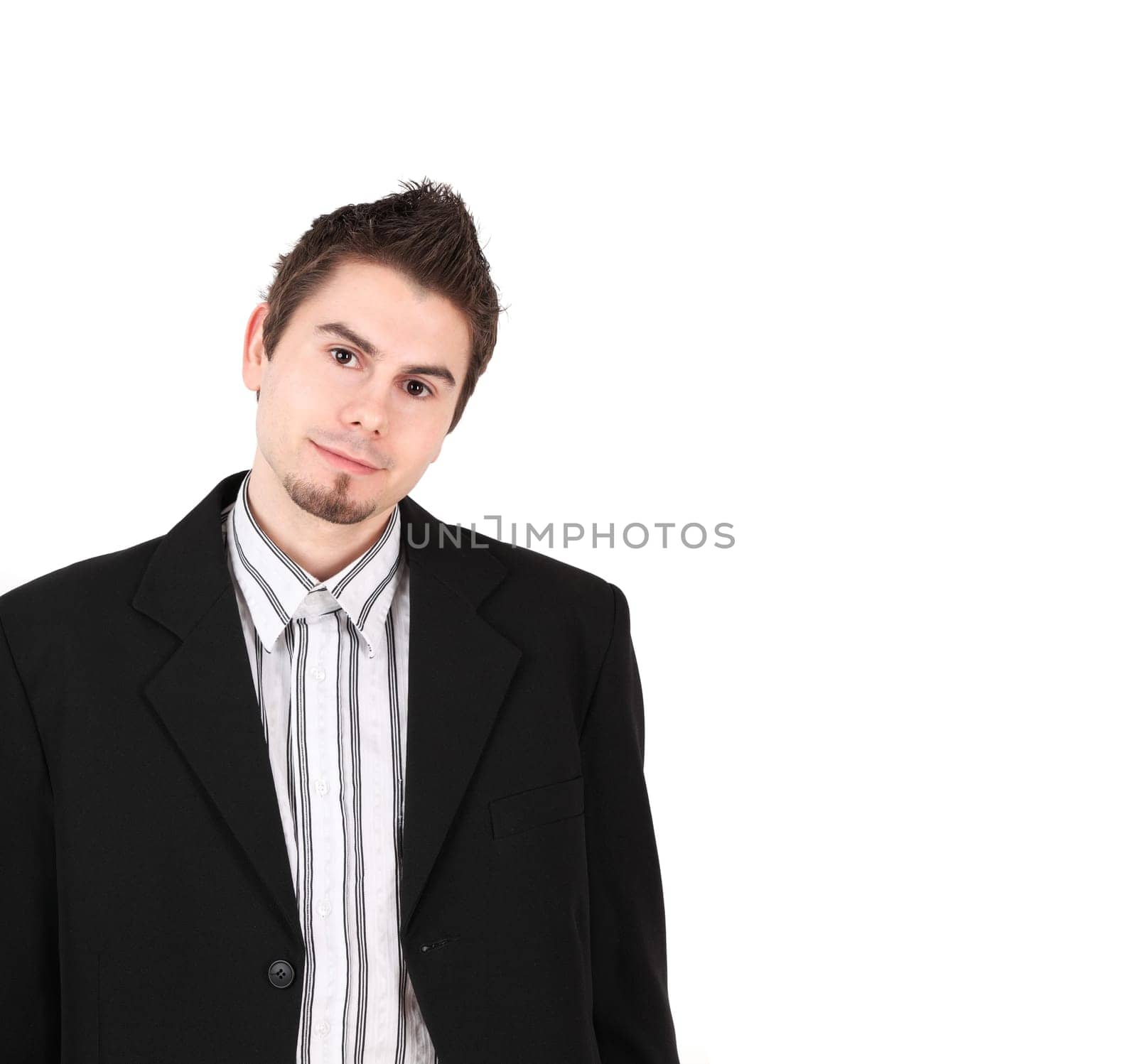 Man in black suit on white background with copy space